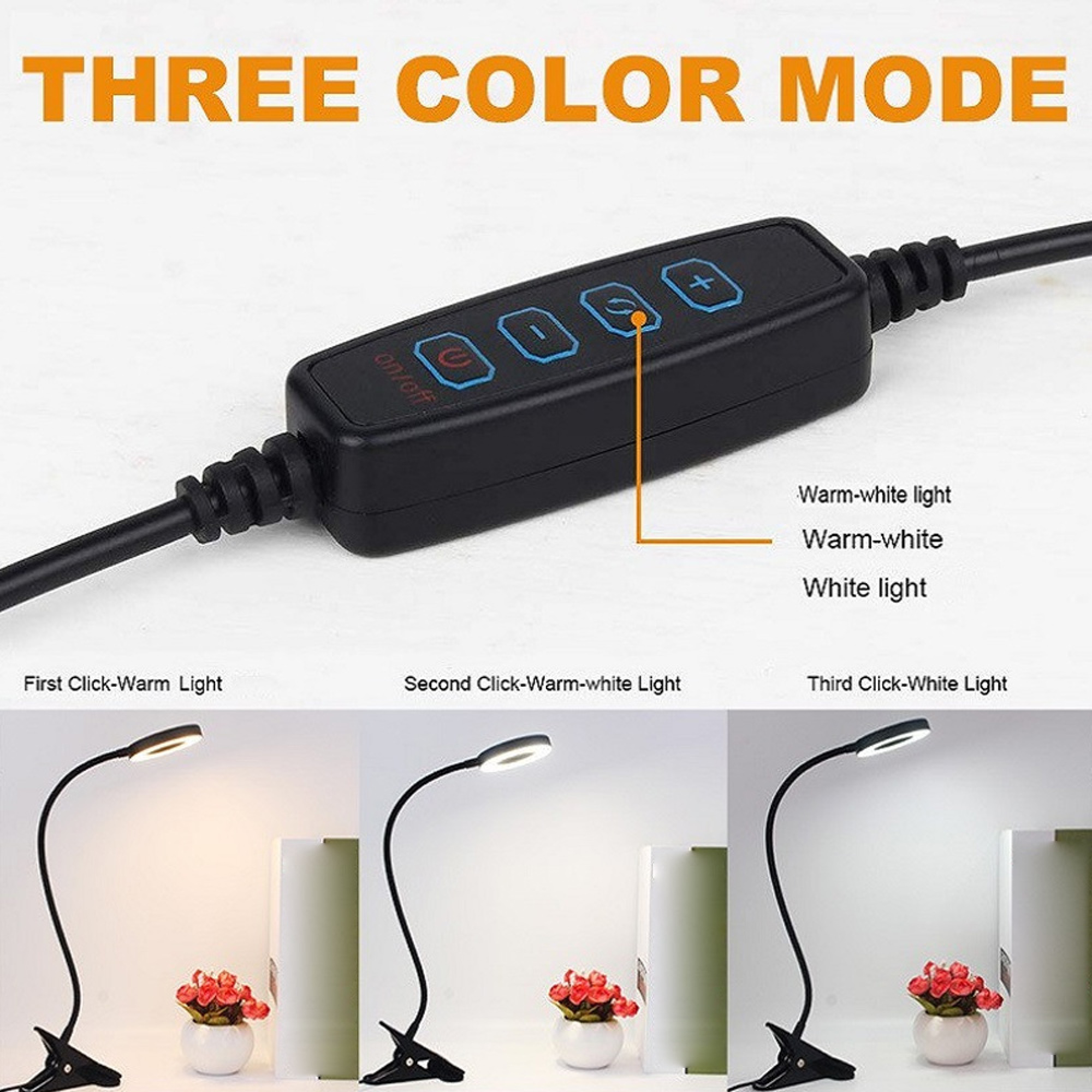 Ein schwarzer Controller zeigt drei Lichtmodi: Warm, Warm-Weiß und Weiß.