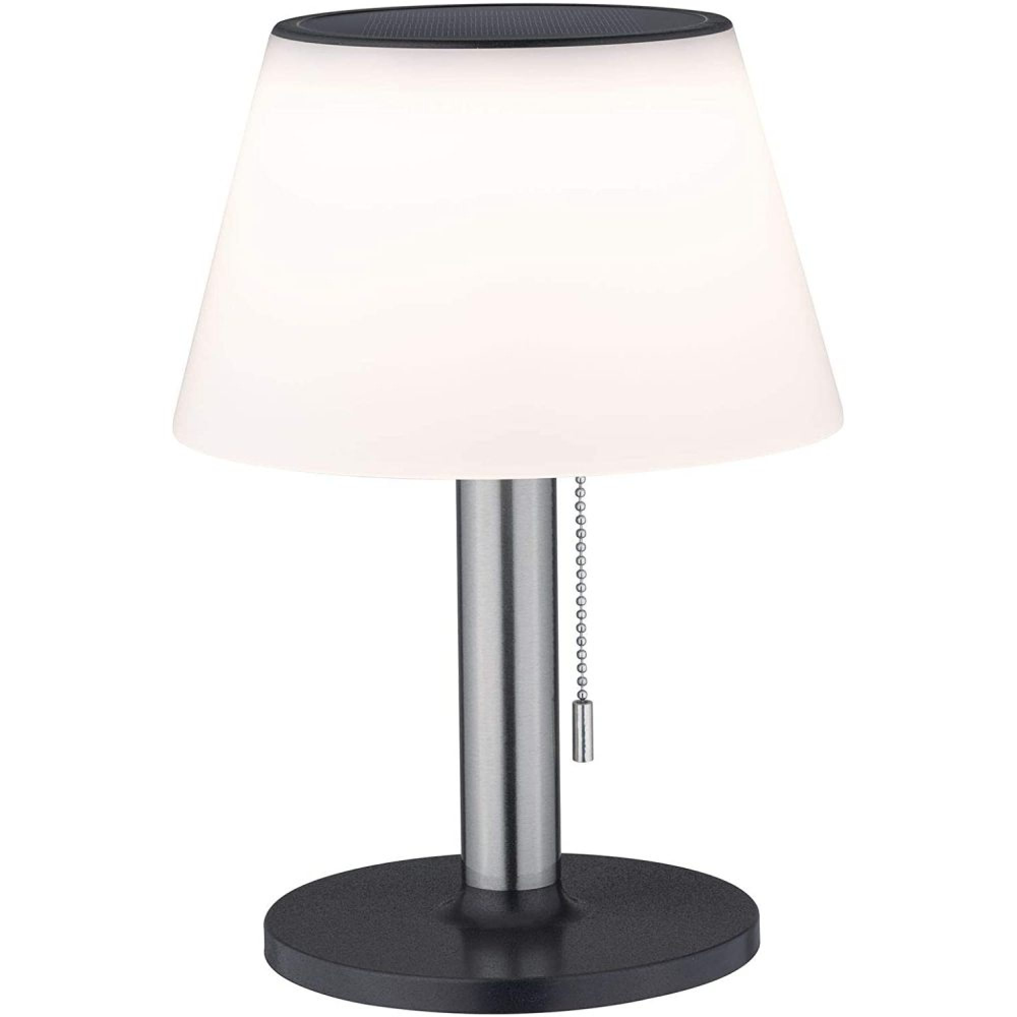 Eine weiße Tischlampe mit silbernem Ständer und schwarzem Sockel.