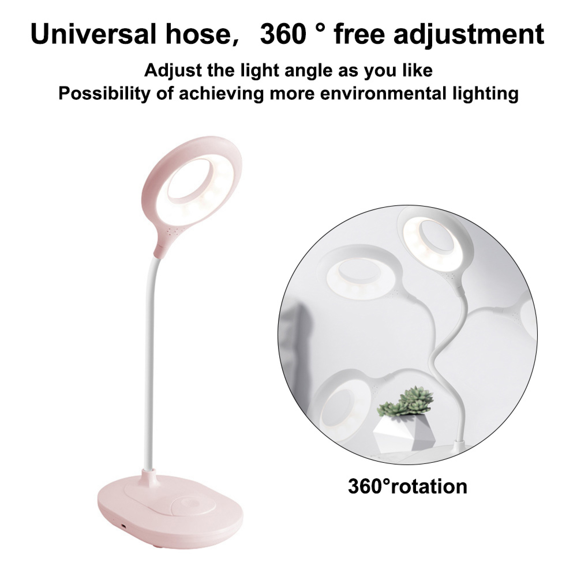 Eine rosa Schreibtischlampe mit flexiblem Arm und runder LED-Leuchte.