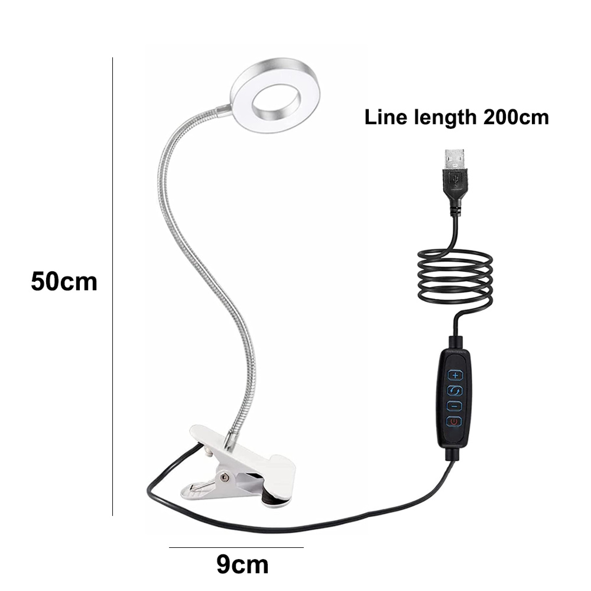 Ein Ringlicht mit Klemmfuß, Schwanenhals und USB-Anschluss. Maße: 50cm hoch, 9cm breit.