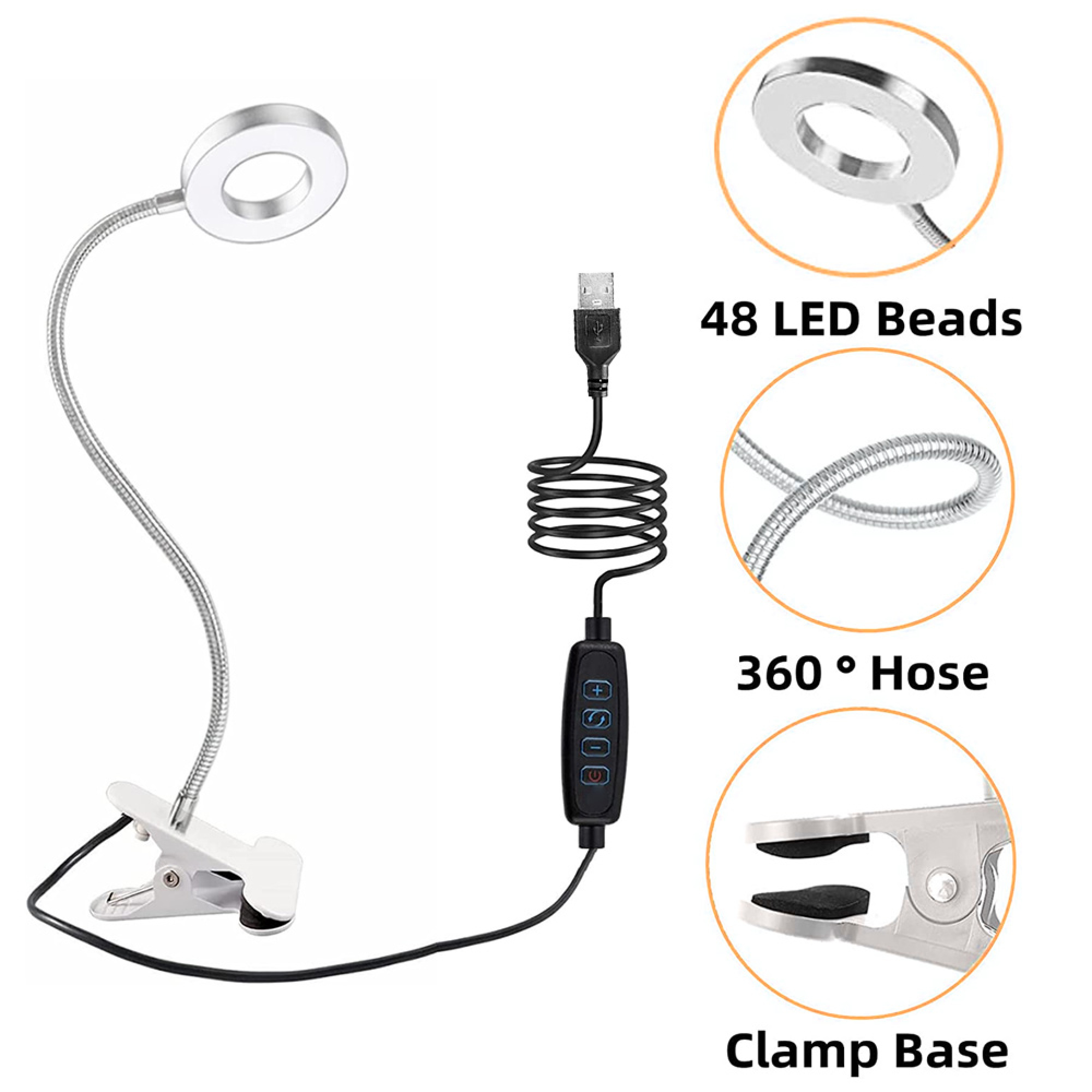 Flexibler USB-Ringlicht mit Klemmfuß, 48 LEDs, 360 Grad Schlauch.