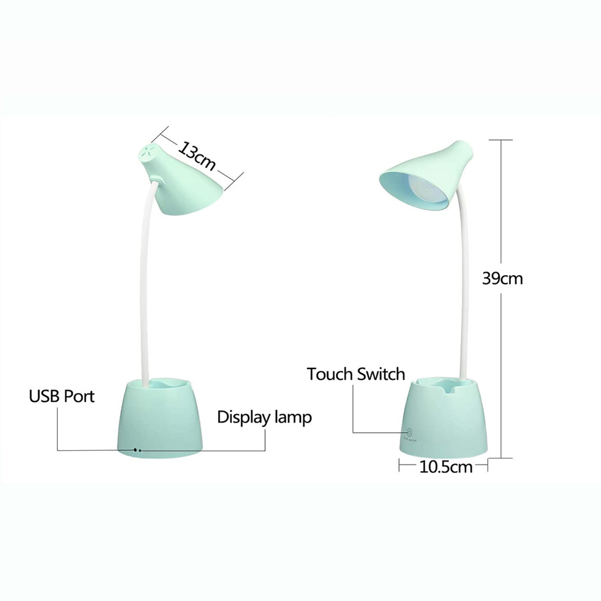 Ein mintgrünes Display-Licht mit USB-Anschluss und Touch-Schalter.