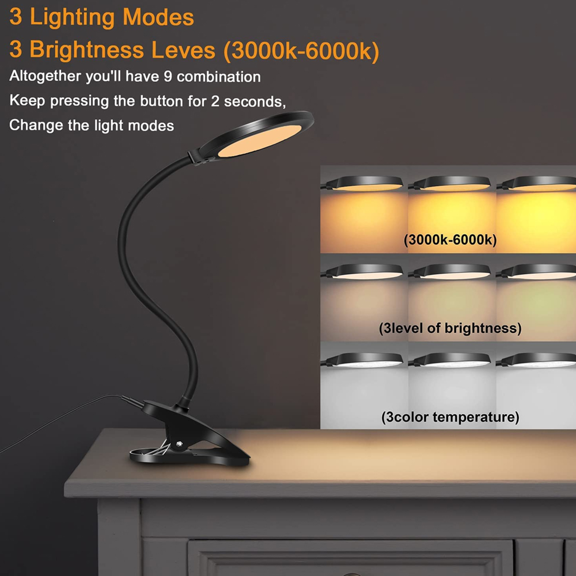 Eine schwarze Schreibtischlampe mit flexiblen Hals auf einem Schreibtisch.