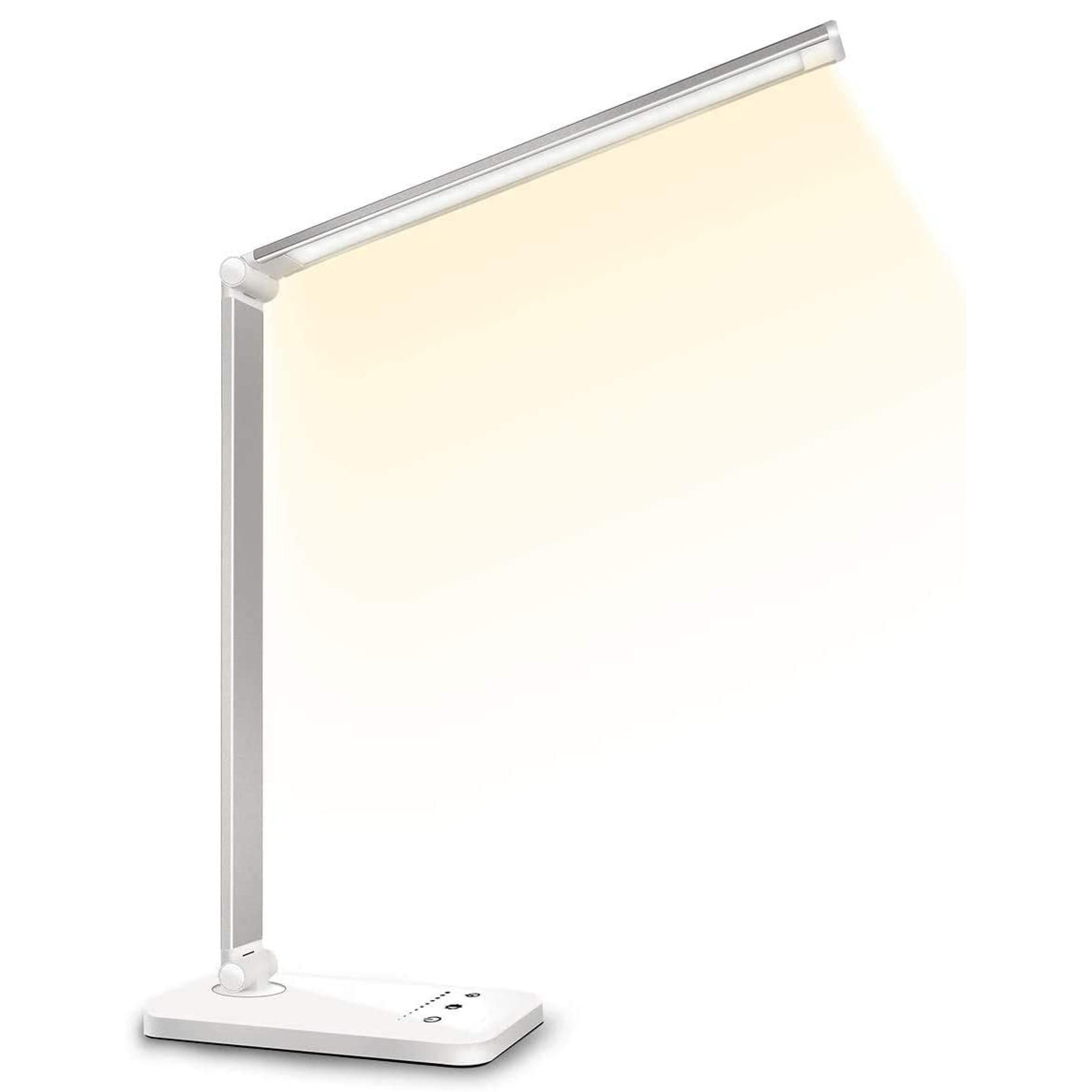Eine weiße Schreibtischlampe mit verstellbarem Arm und LED-Licht.