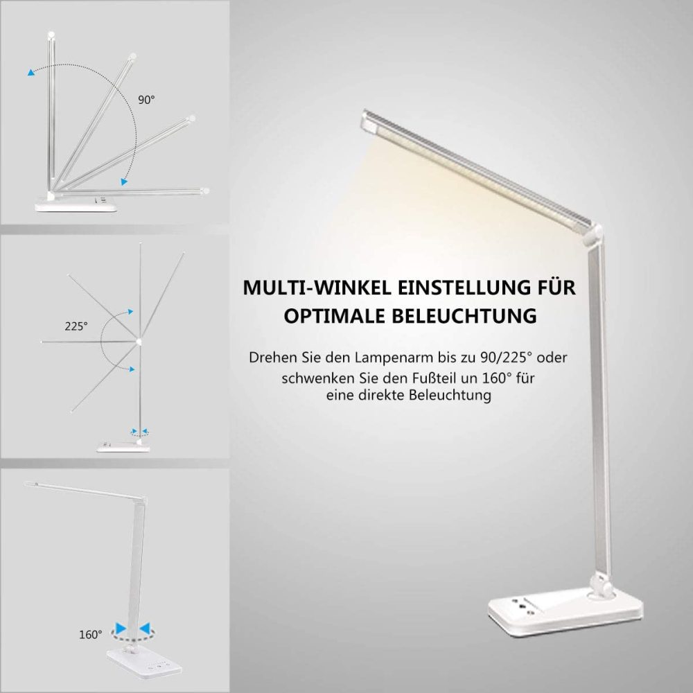 Ein verstellbarer LED-Schreibtisch mit verschiedenen Winkeln für optimale Beleuchtung.