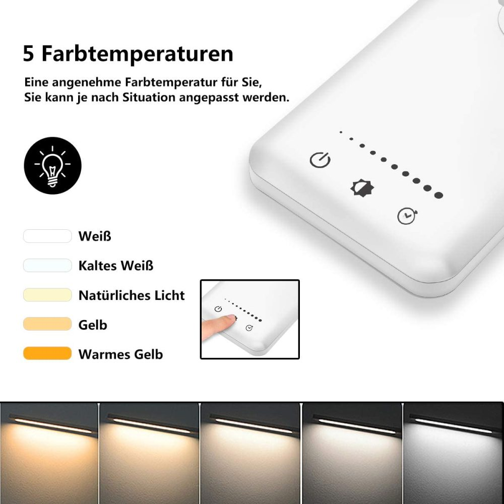 Ein weißes Gerät zeigt 5 Farbtemperaturen mit Farbproben und Bedienelementen.