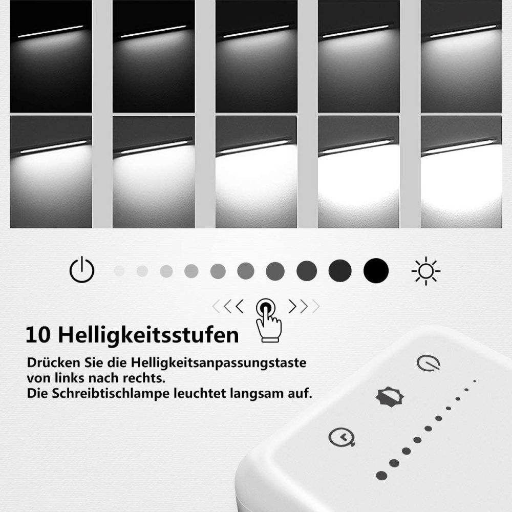 10 Helligkeitsstufen einer Lampe, von dunkel zu hell.