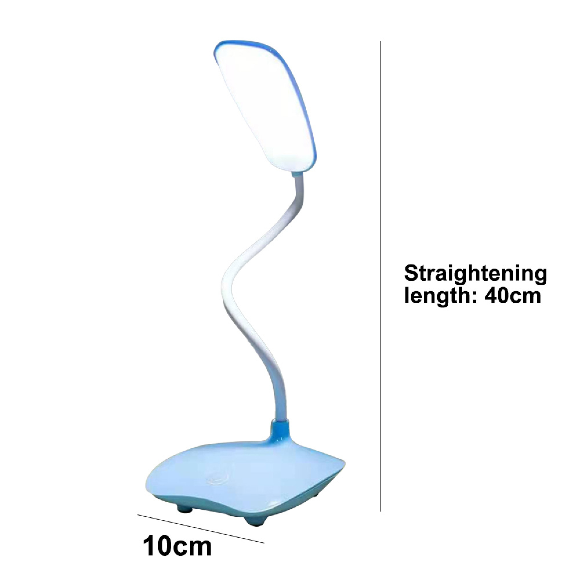 Eine weiße LED-Schreibtischlampe mit blauem Sockel, 40cm hoch, 10cm breit.
