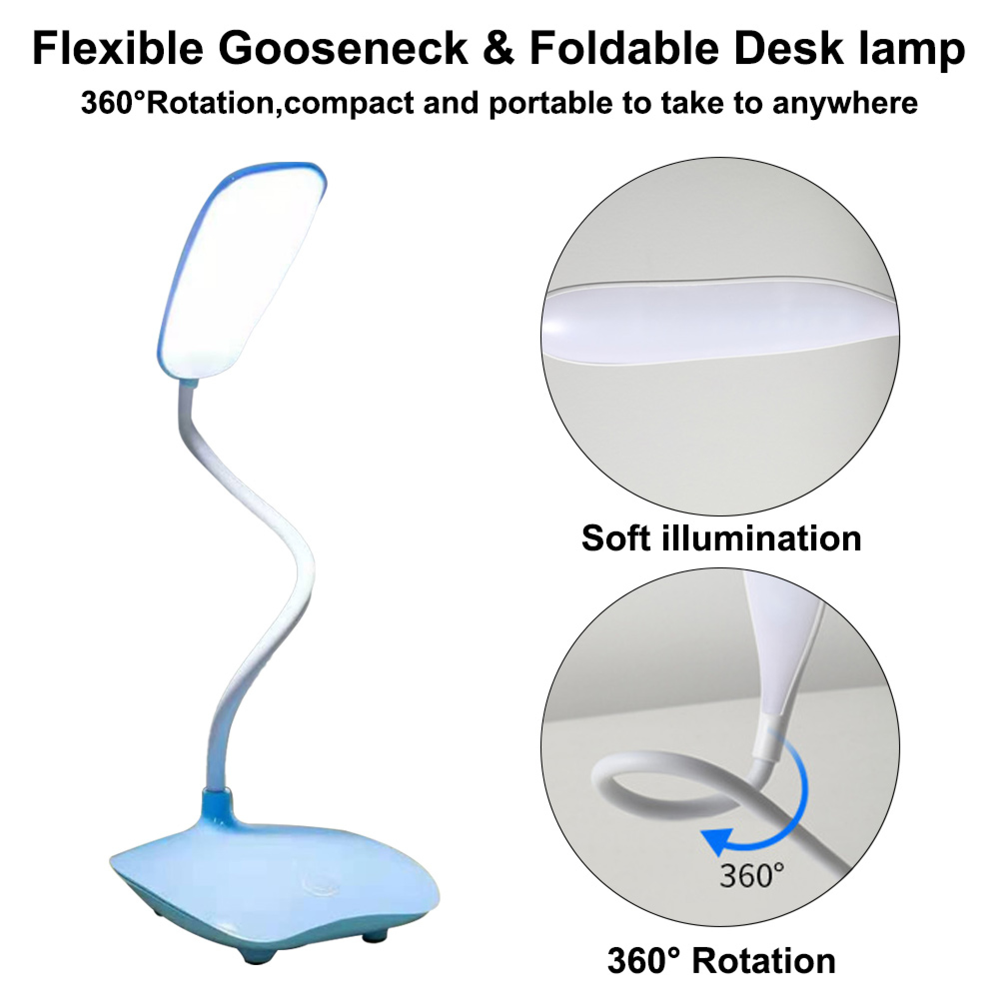 Blau leuchtende Schreibtischlampe mit flexiblem Schwanenhals und 360°-Drehung.