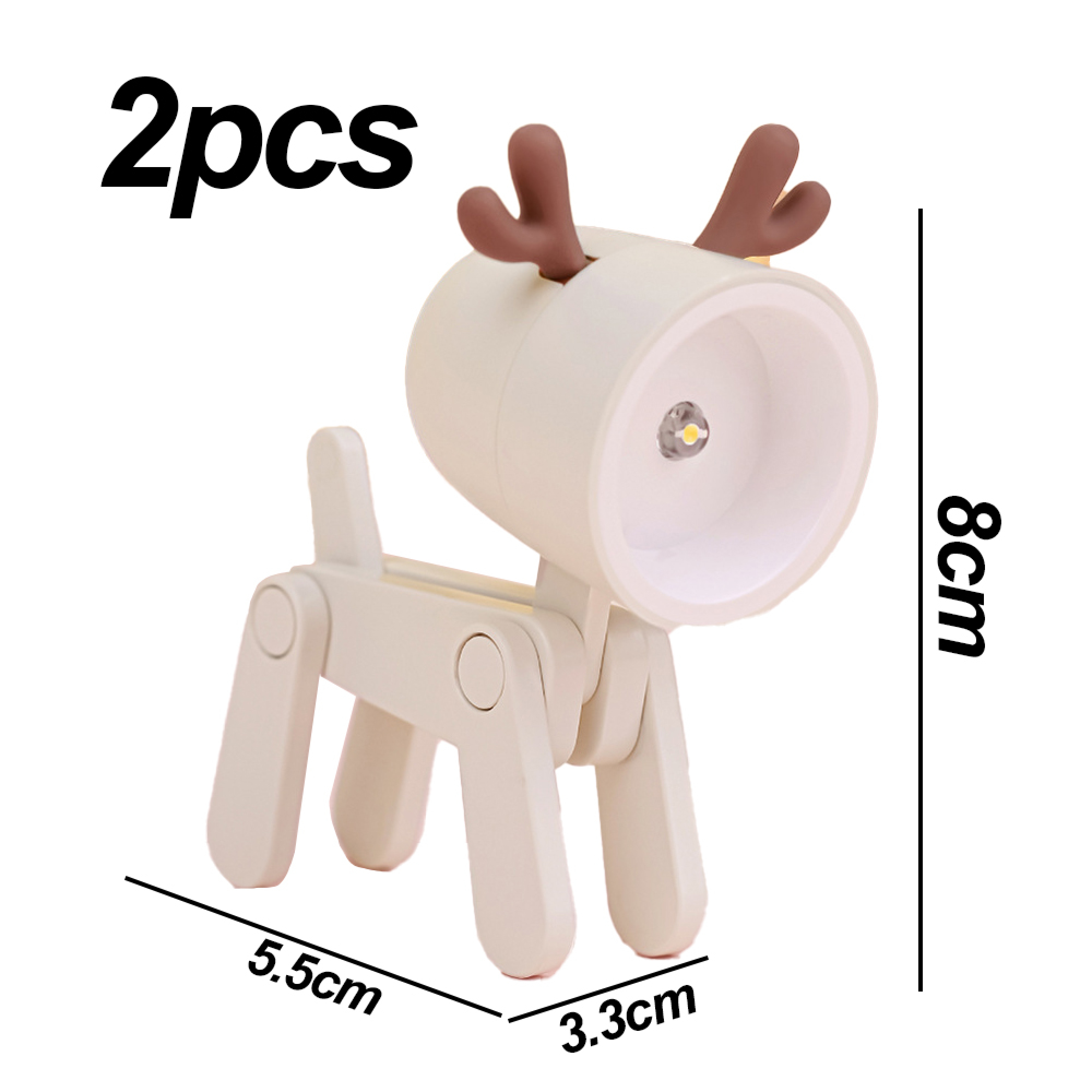 Eine kleine weiße Nachttischlampe in Form eines Rentiers mit braunen Geweihen.