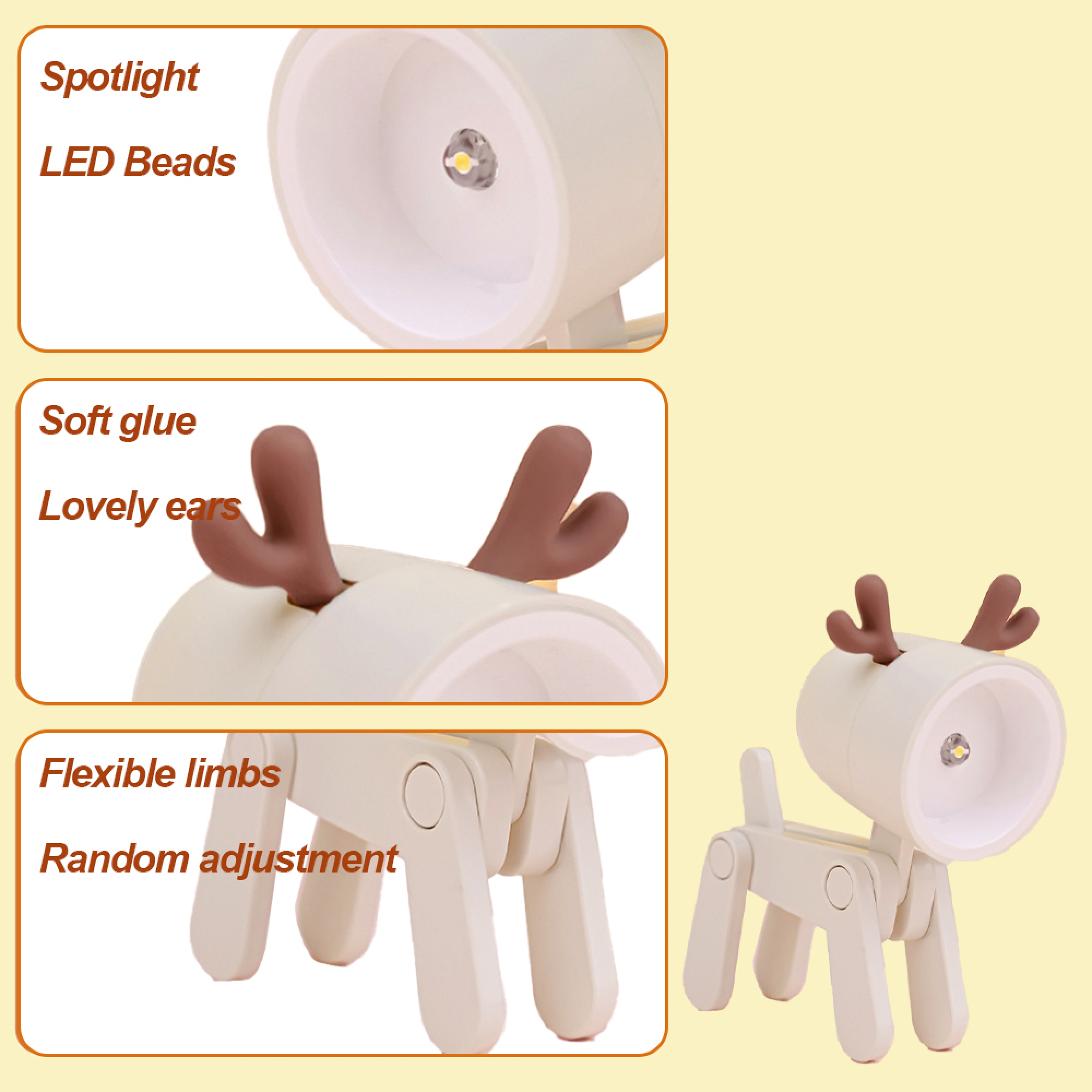 Ein weißes Nachtlicht in Hundeform mit flexiblen Gliedmaßen und einem LED-Spot.