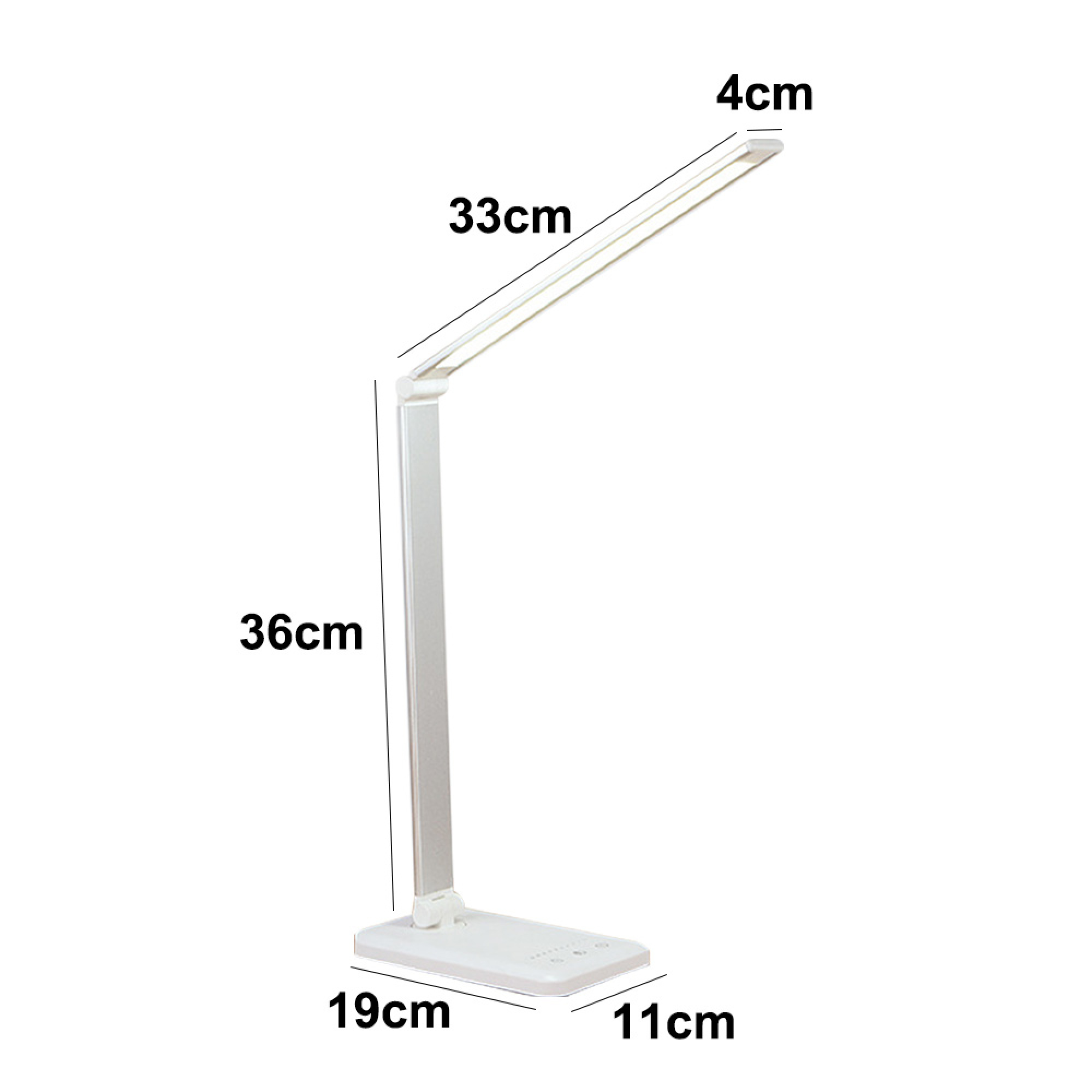 Weiße LED-Schreibtischlampe mit flexiblen Gelenken und Maßen.