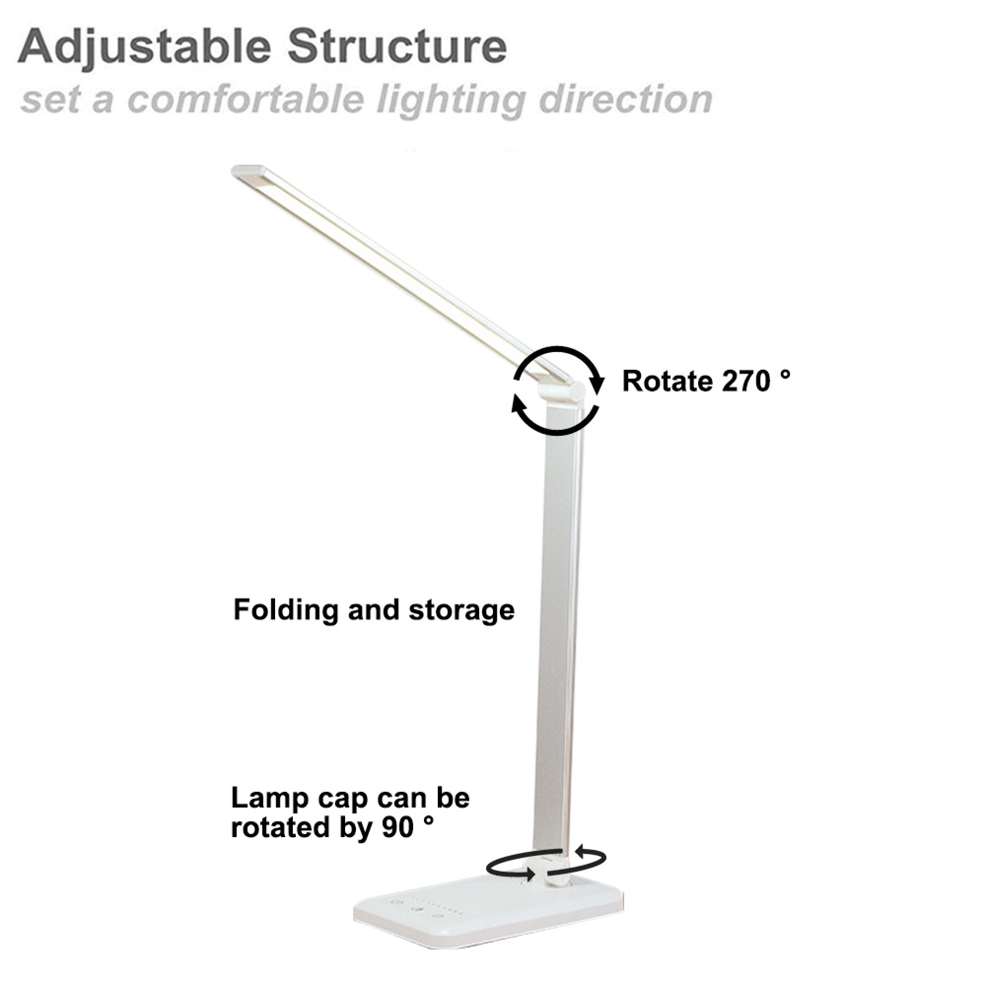 Eine weiße LED-Schreibtischlampe mit verstellbarem Arm und drehbarem Kopf.