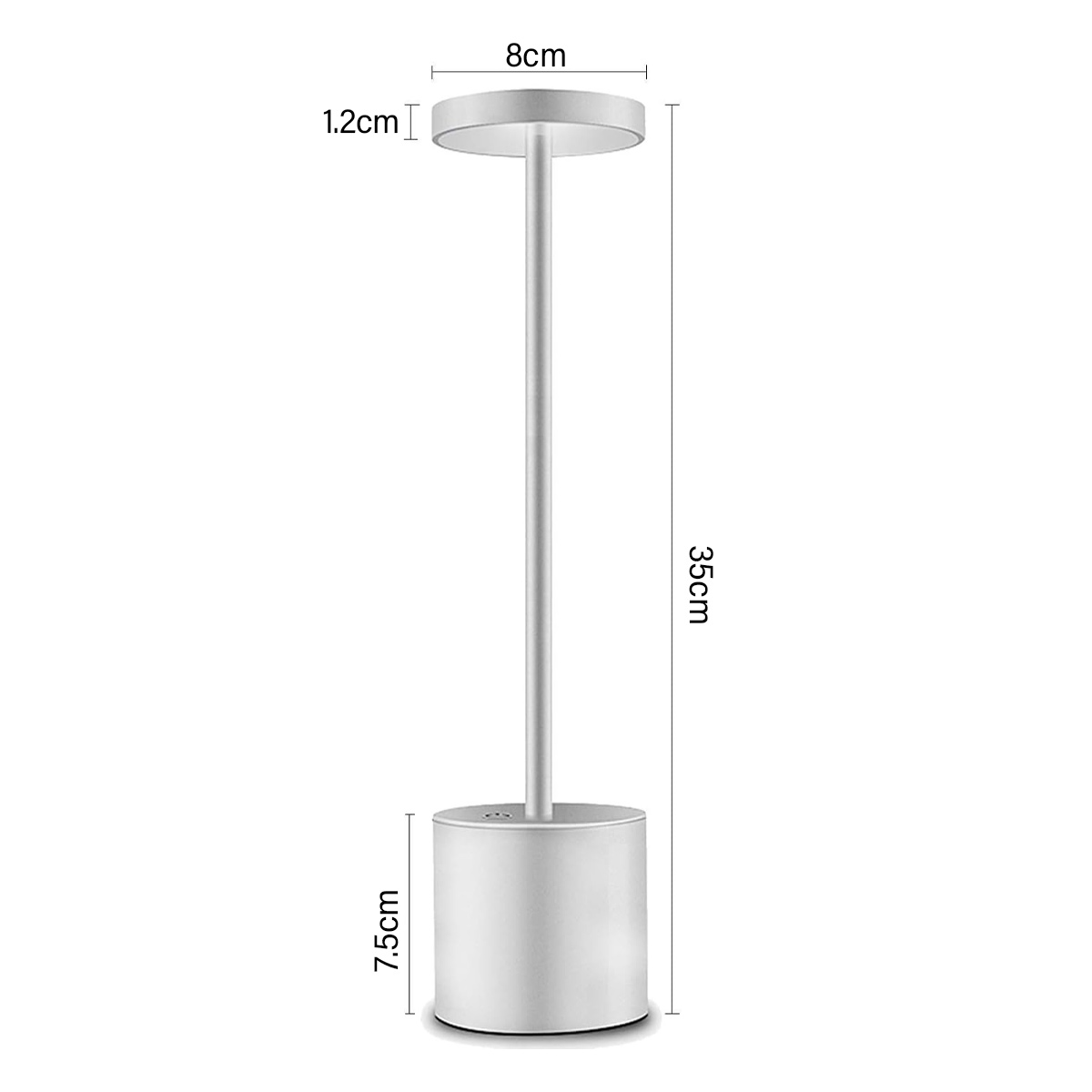 Weiße Lampe mit Zylindersockel, schlankem Stab und flachem Lampenschirm. Maße sind angegeben.