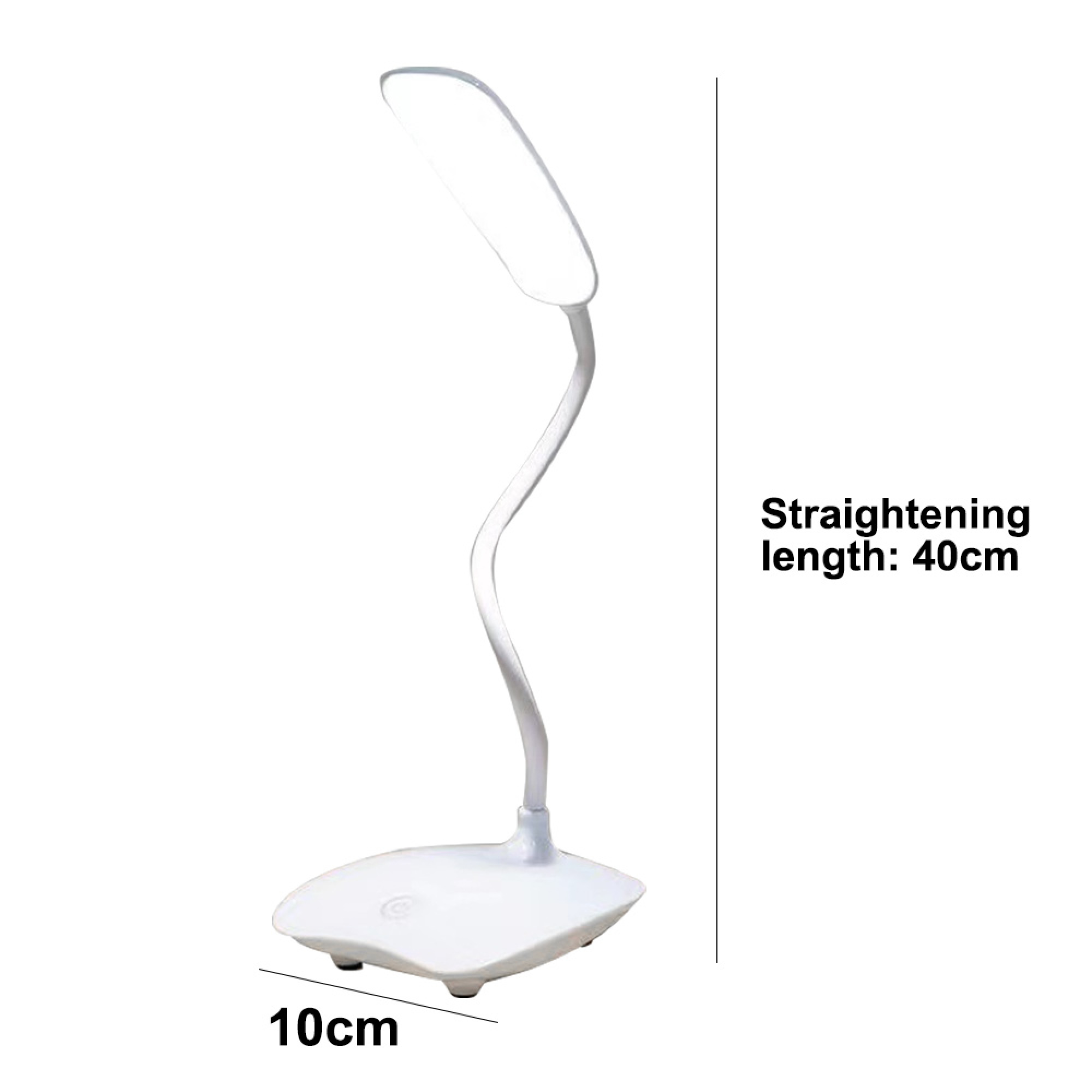 Eine weiße Schreibtischlampe mit flexiblem Schwanenhals und flachem Sockel.