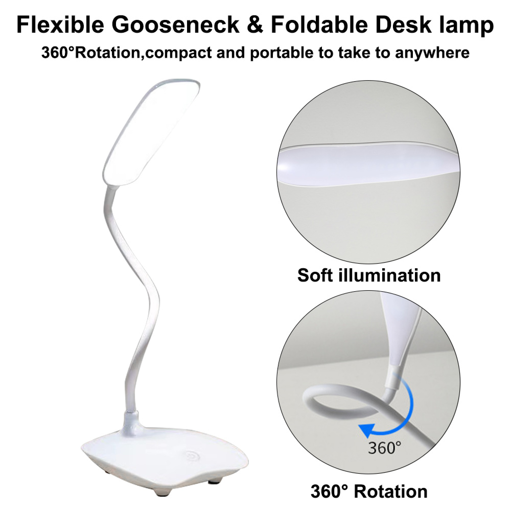 Weiße Schreibtischlampe mit flexiblem Schwanenhals und weicher Beleuchtung.