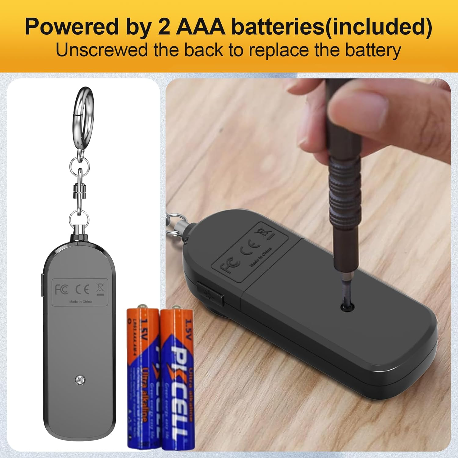 Ein Schlüsselanhänger-Gerät mit zwei AAA-Batterien und Werkzeugen zum Batteriewechsel.