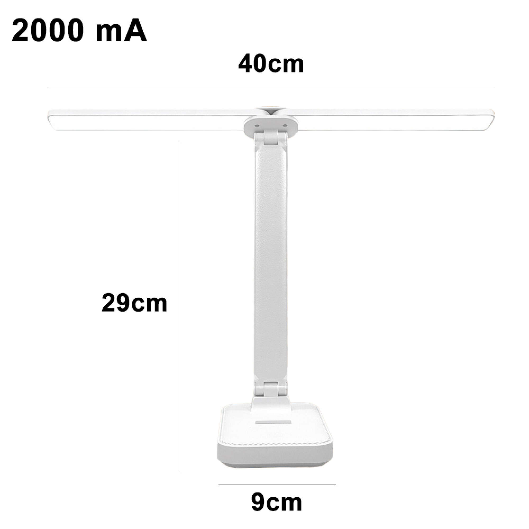 Weiße LED-Schreibtischlampe mit flexiblen Gelenken und Maßen.