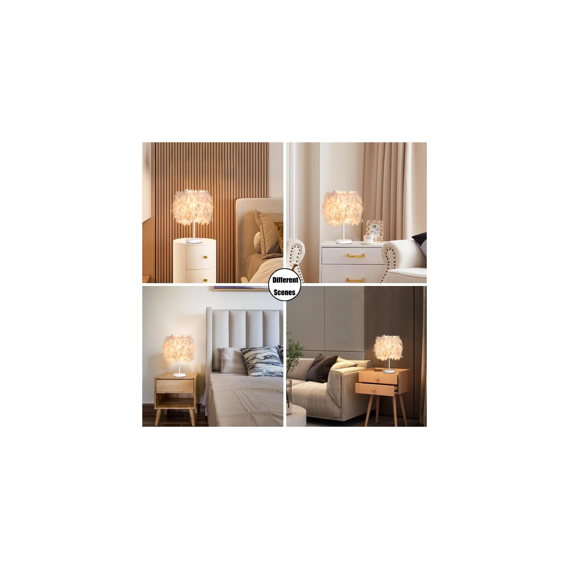 Vier Szenen zeigen Nachttische mit einer Lampe in verschiedenen Schlafzimmern und Wohnbereichen.