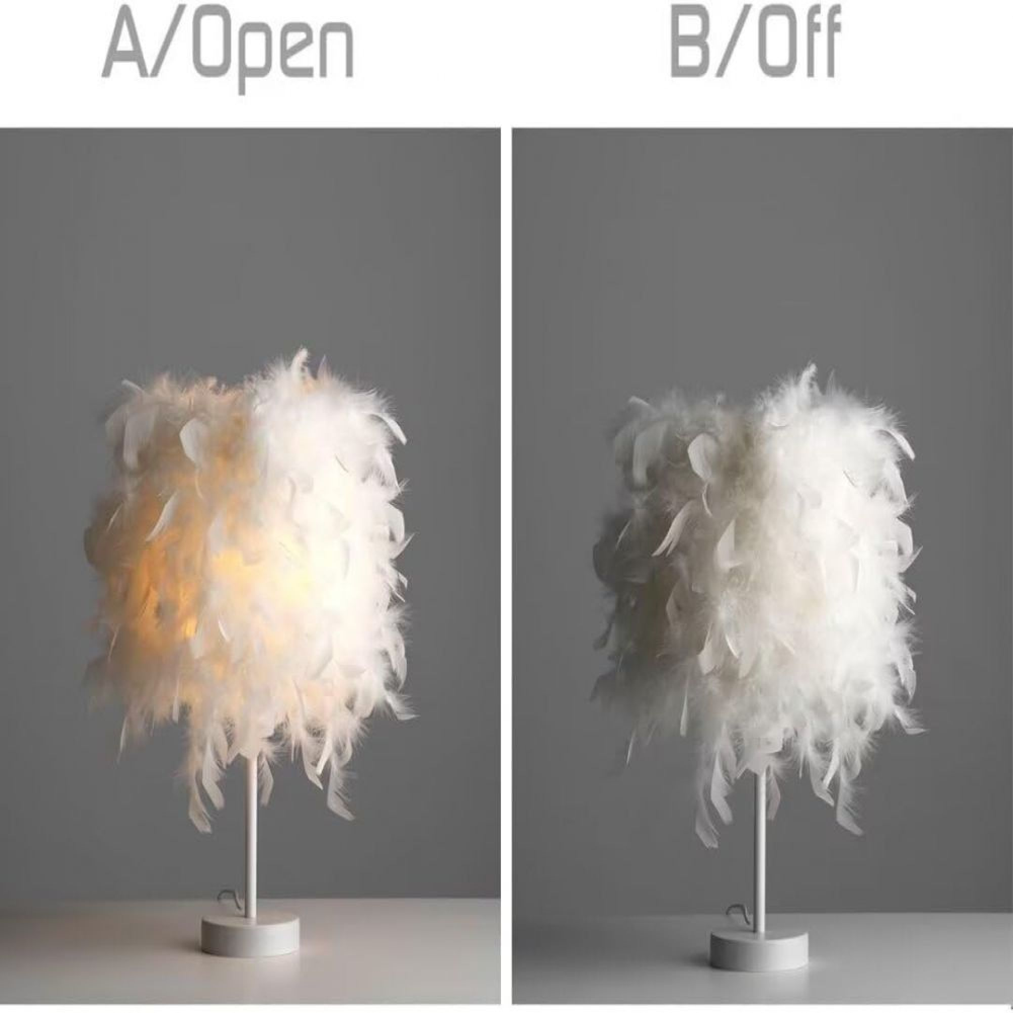 Eine weiße Federlampe, nebeneinander leuchtend (A/Offen) und unbeleuchtet (B/Aus) gezeigt.