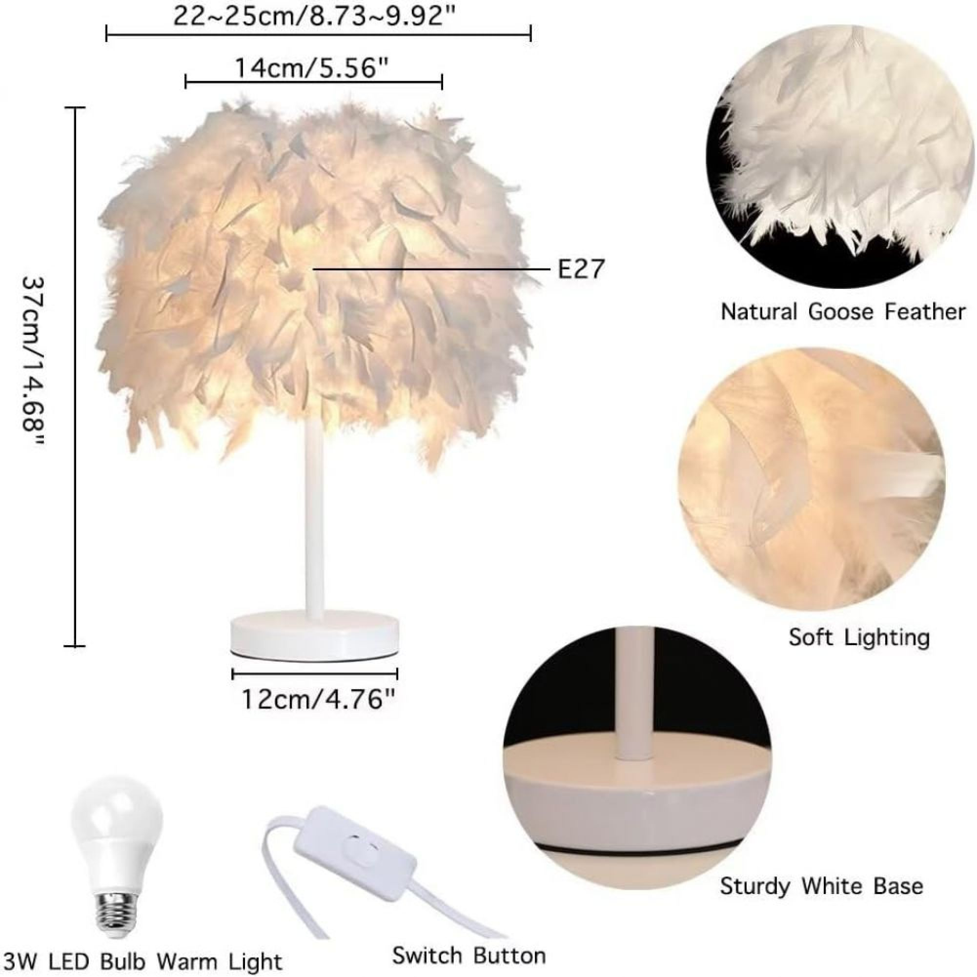 Weiße Federlampe mit Maßen, E27-Fassung, LED-Glühbirne und Schalter.