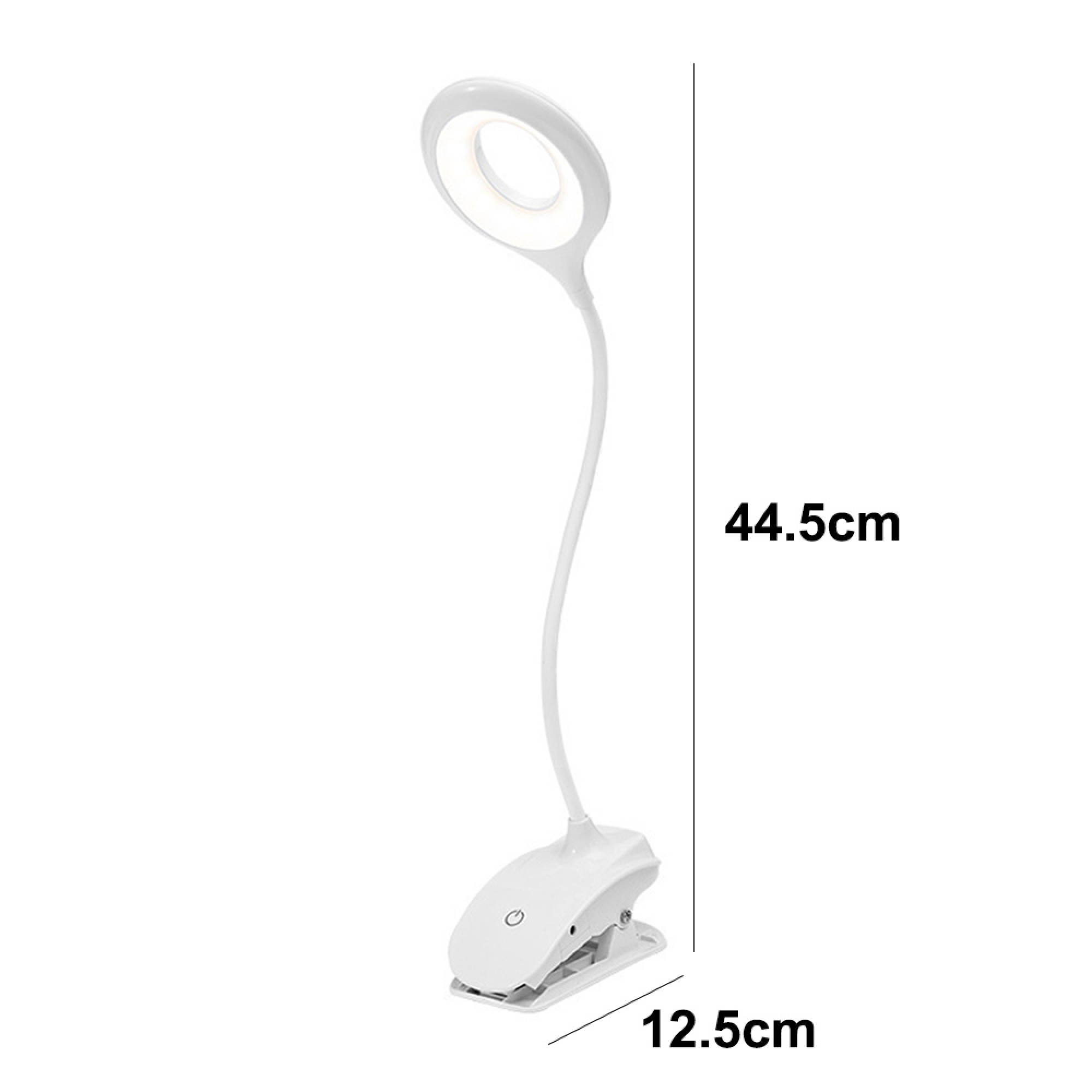Eine weiße Schreibtischlampe mit Klemmfuß und flexiblem Hals.