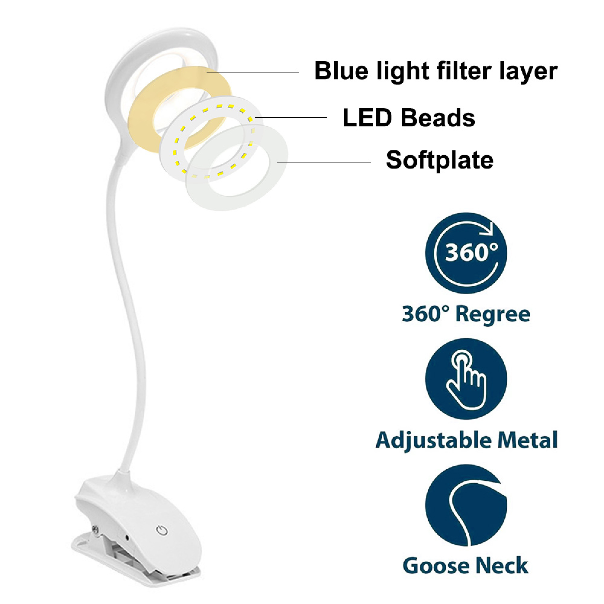 Weiße Klemmleuchte mit verstellbarem Schwanenhals und integrierten LED-Lichtern.