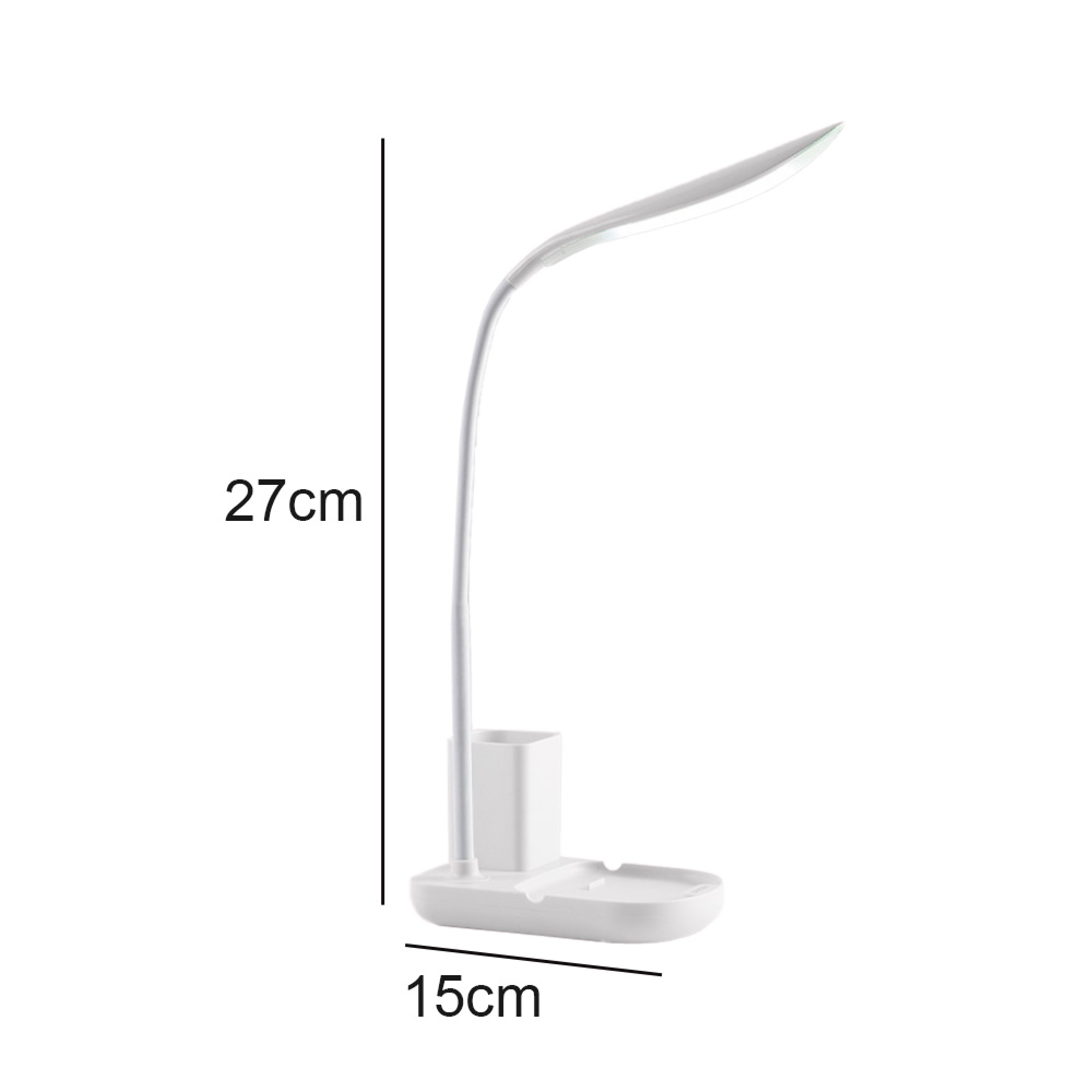 Weiße Schreibtischlampe mit Stiftehalter und Maßen 27x15cm.