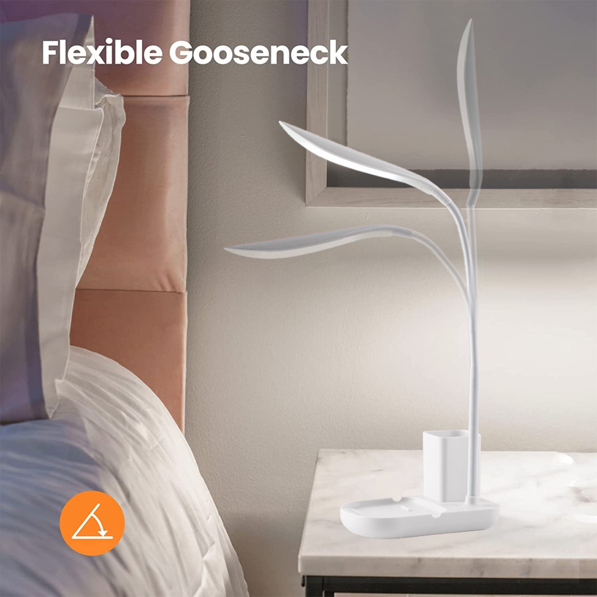 Weiße Schreibtischlampe mit flexiblem Schwanenhals auf Nachttisch neben Bett.