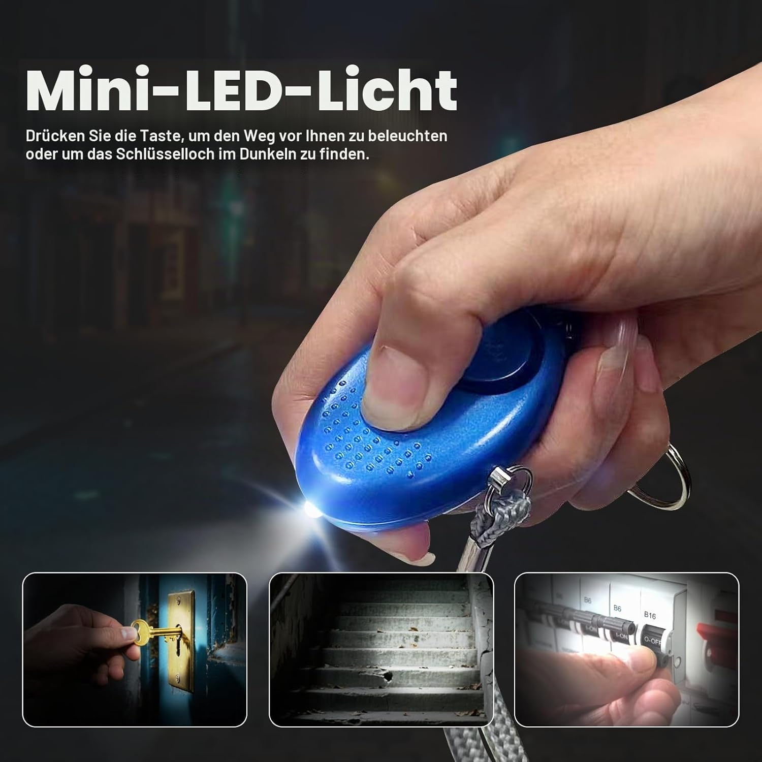 Eine Hand h ält eine blaue Mini-LED-Lampe, die Licht auf einen Schlüssel wirft.