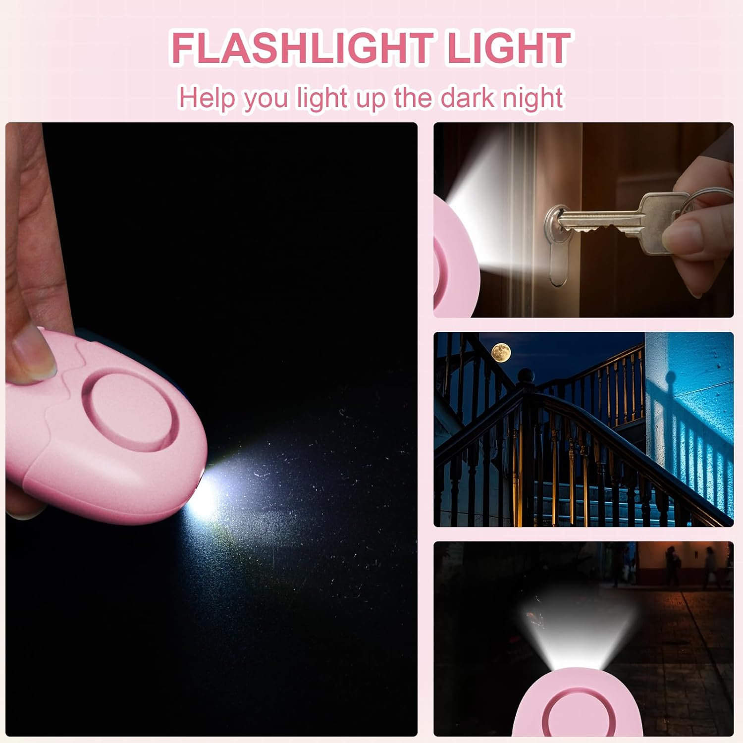 Ein rosa Gerät mit Licht wird in dunklen Szenen gezeigt: Türschloss, Treppe, Straße.