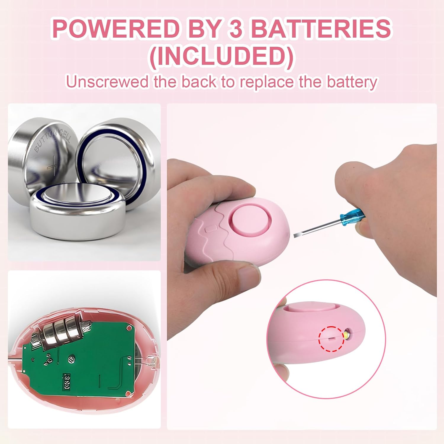 Drei Knopfzellenbatterien, ein rosa Gehäuse wird mit einem Schraubendreher geöffnet.