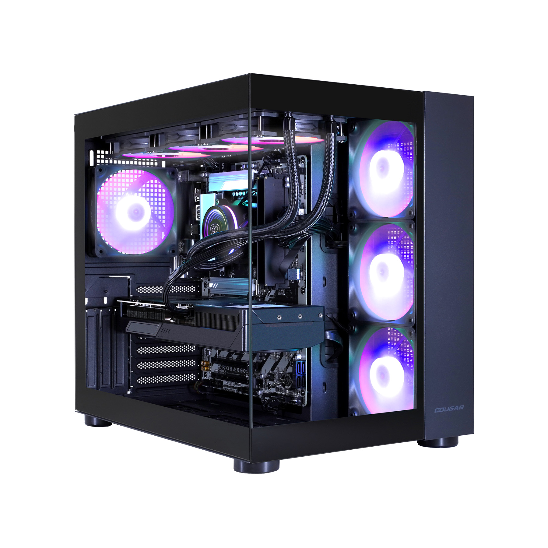 Ein schwarzer Computerturm mit Glasseitenteil, der bunte RGB-Lüfter und Komponenten zeigt.