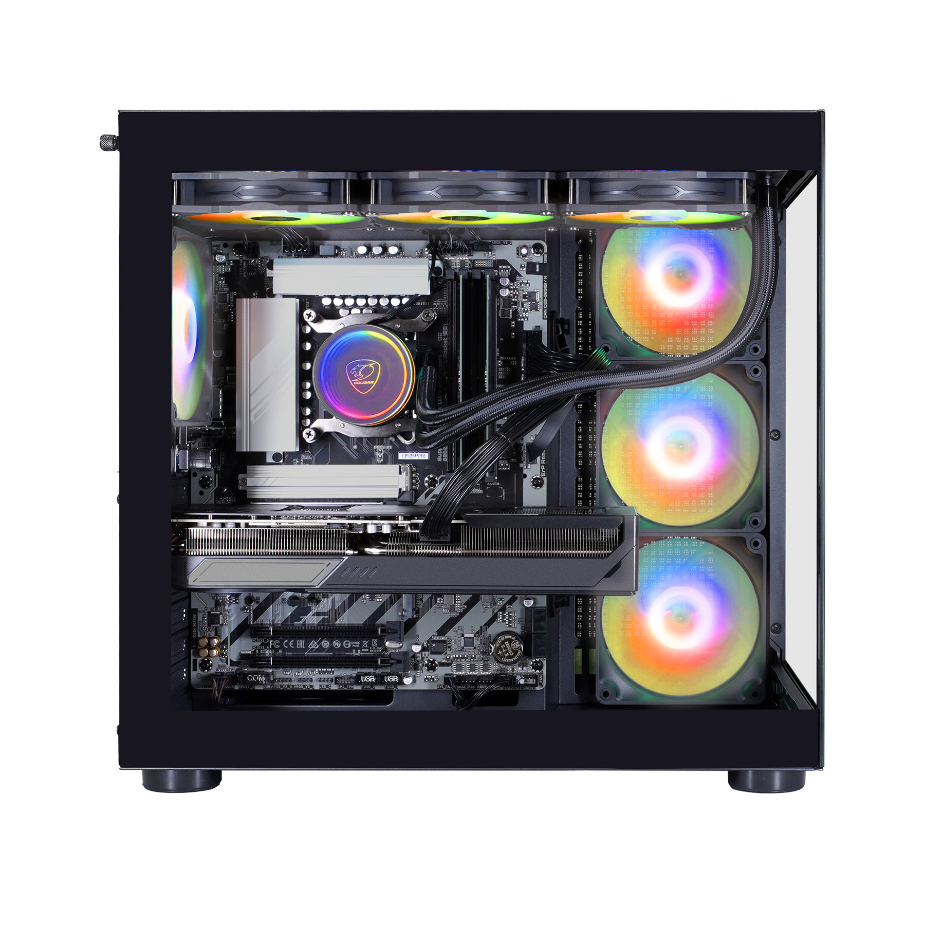 Ein PC-Gehäuse mit beleuchteten Lüftern und Komponenten.