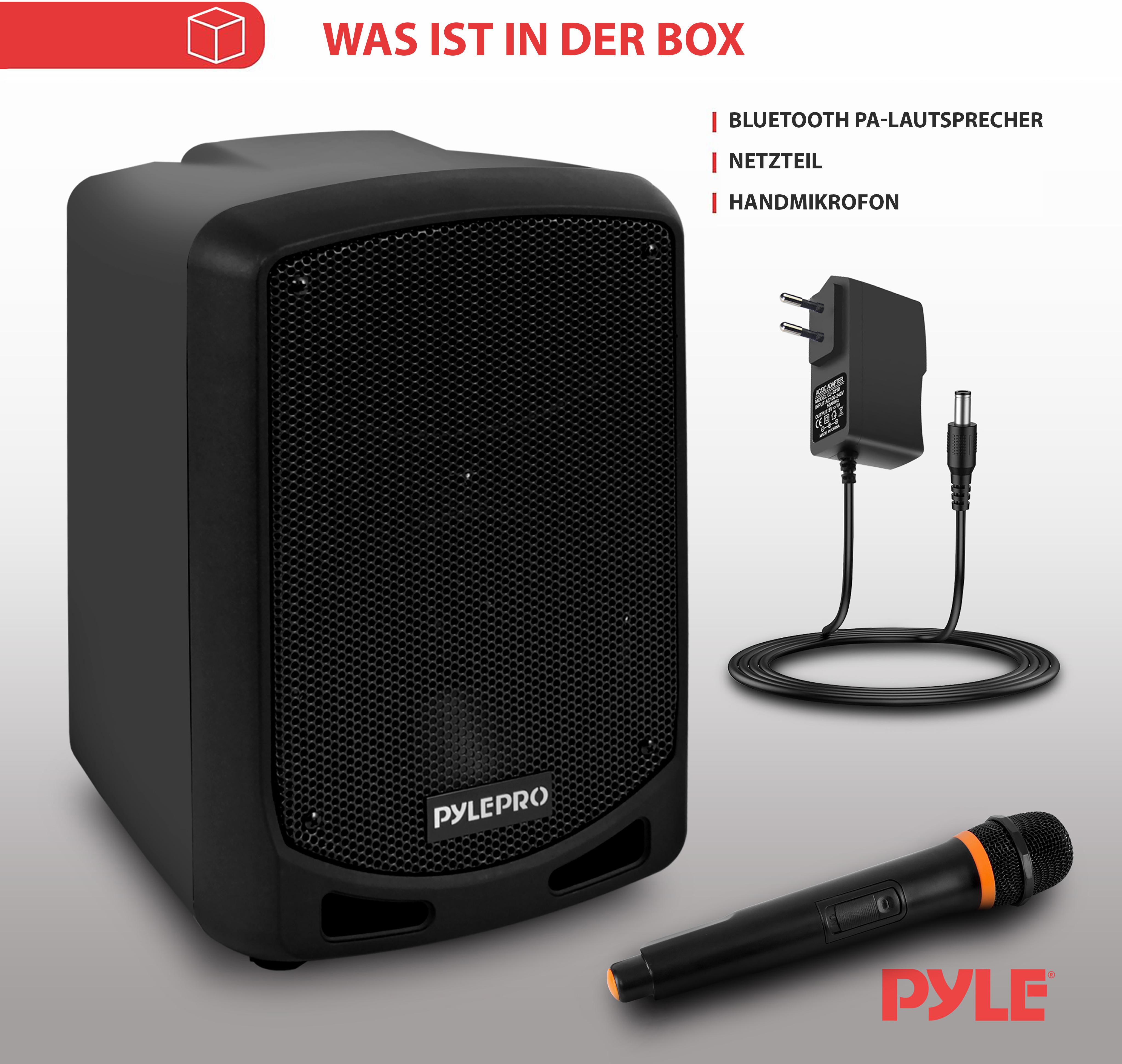 Schwarzer PA-Lautsprecher, Netzteil und Mikrofon.