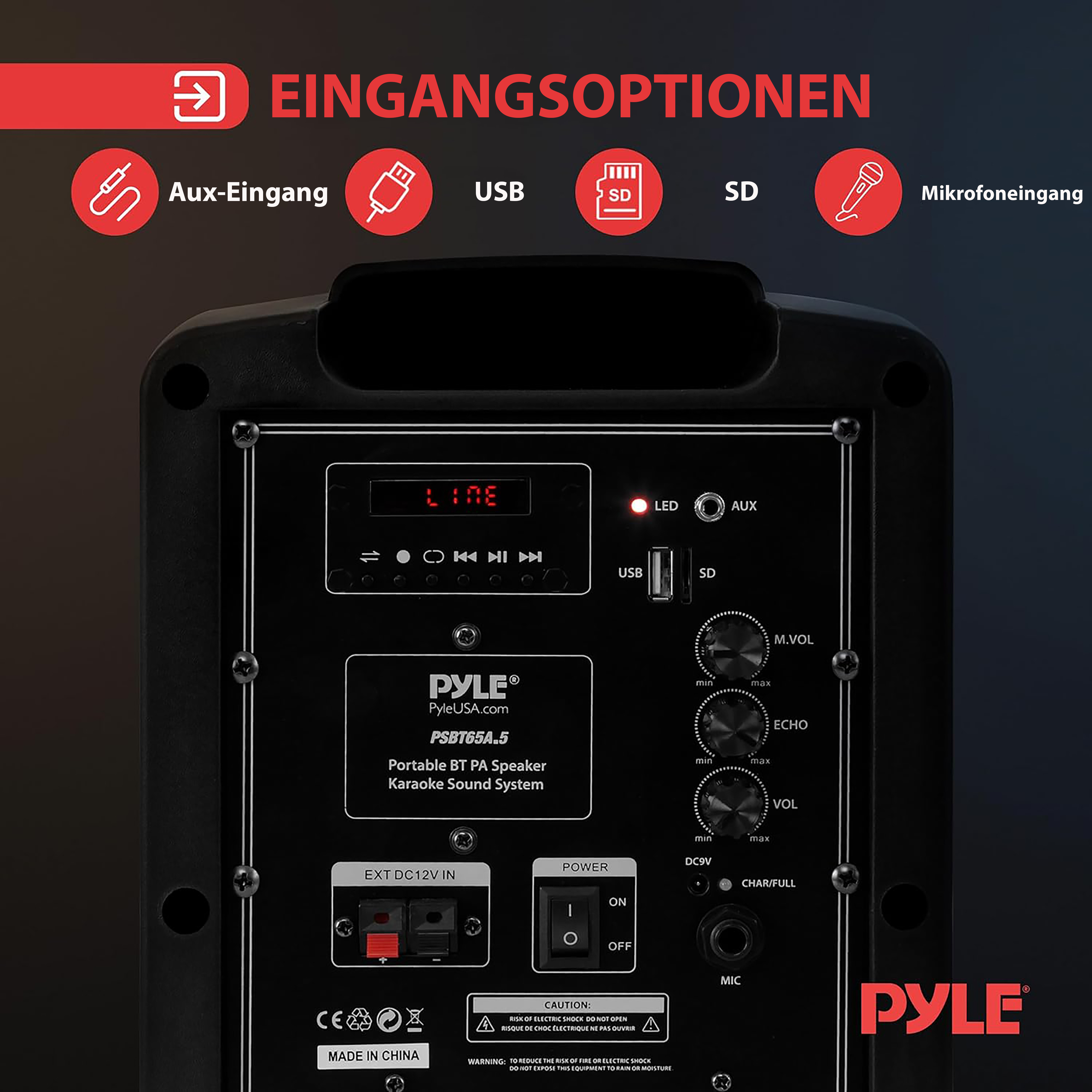 Rückseite eines Pyle PA-Lautsprechers mit Anschlüssen und Bedienelementen.
