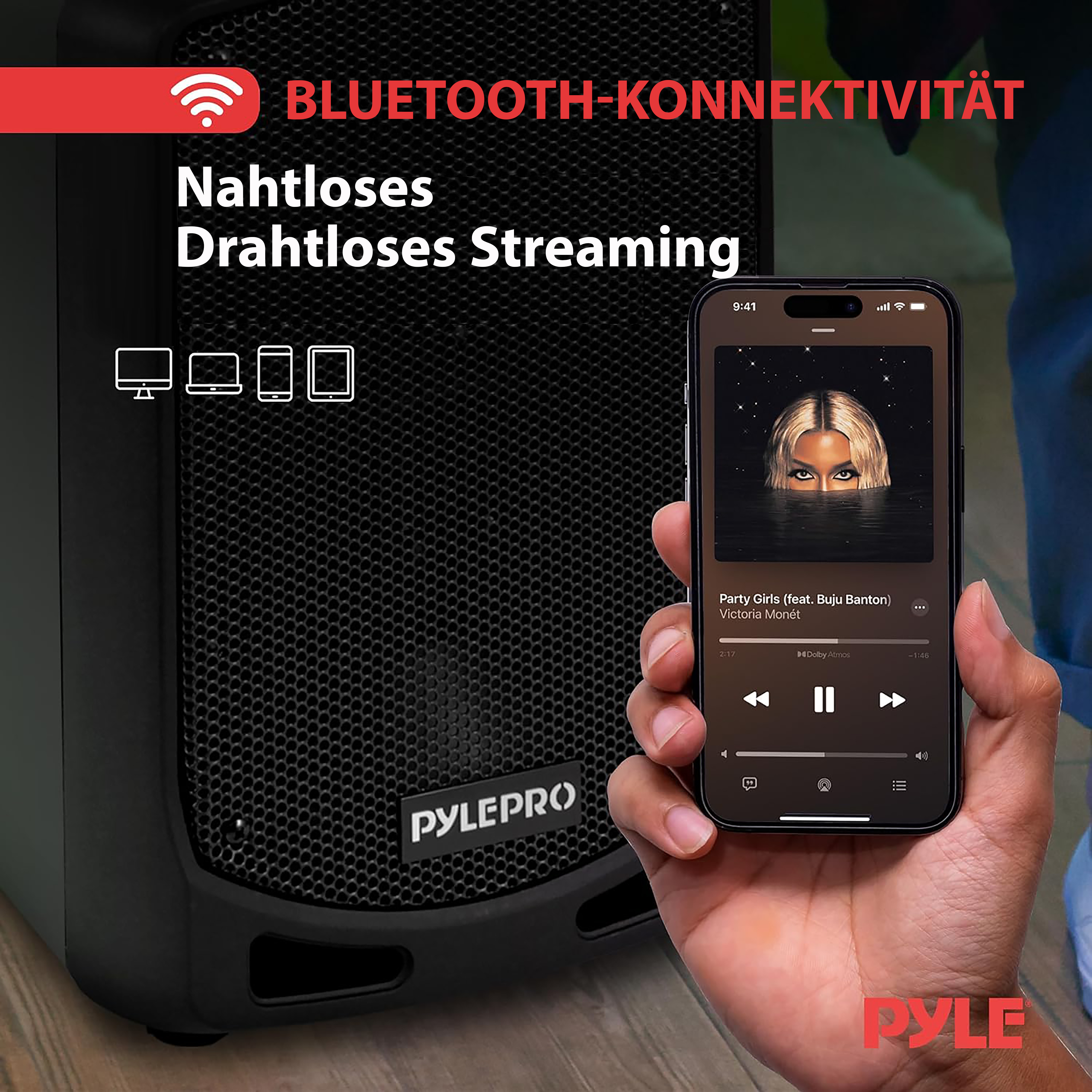 Ein Smartphone zeigt Musikwiedergabe neben einem schwarzen Lautsprecher.