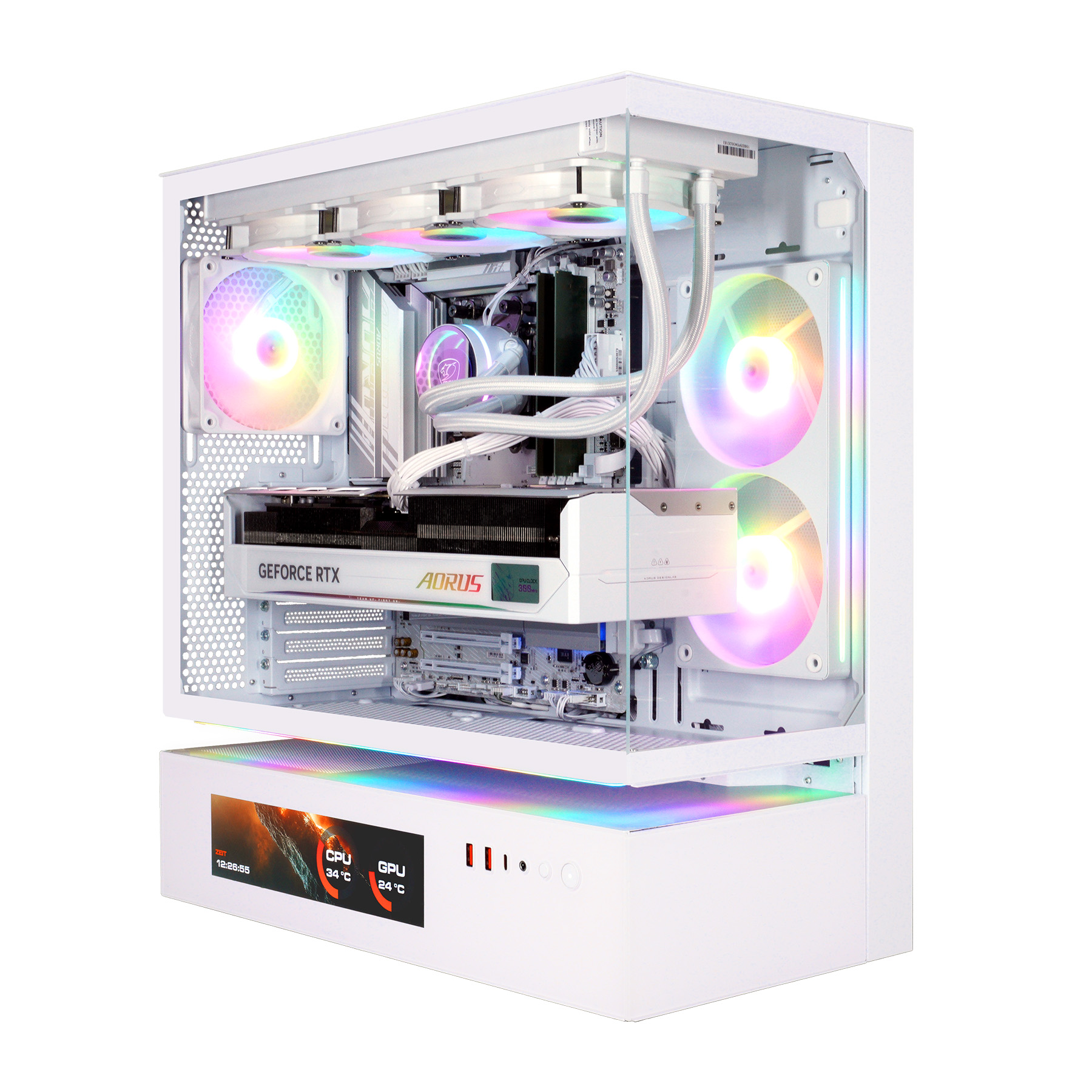 Ein weißer PC mit RGB-Lüftern, GPU und integriertem Display.