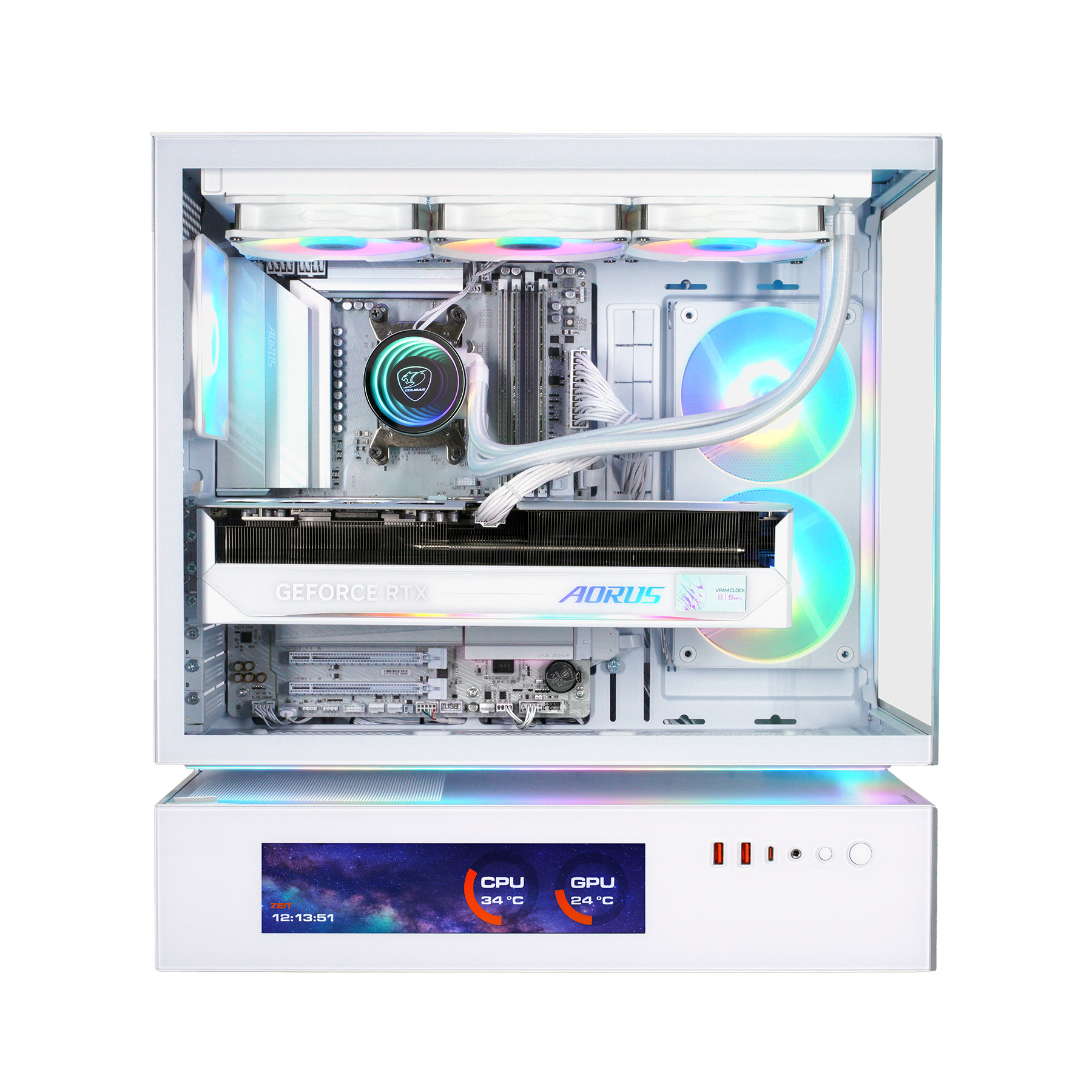 Ein weißer PC mit RGB-Lüftern, AORUS RTX-Grafikkarte und einem Display.