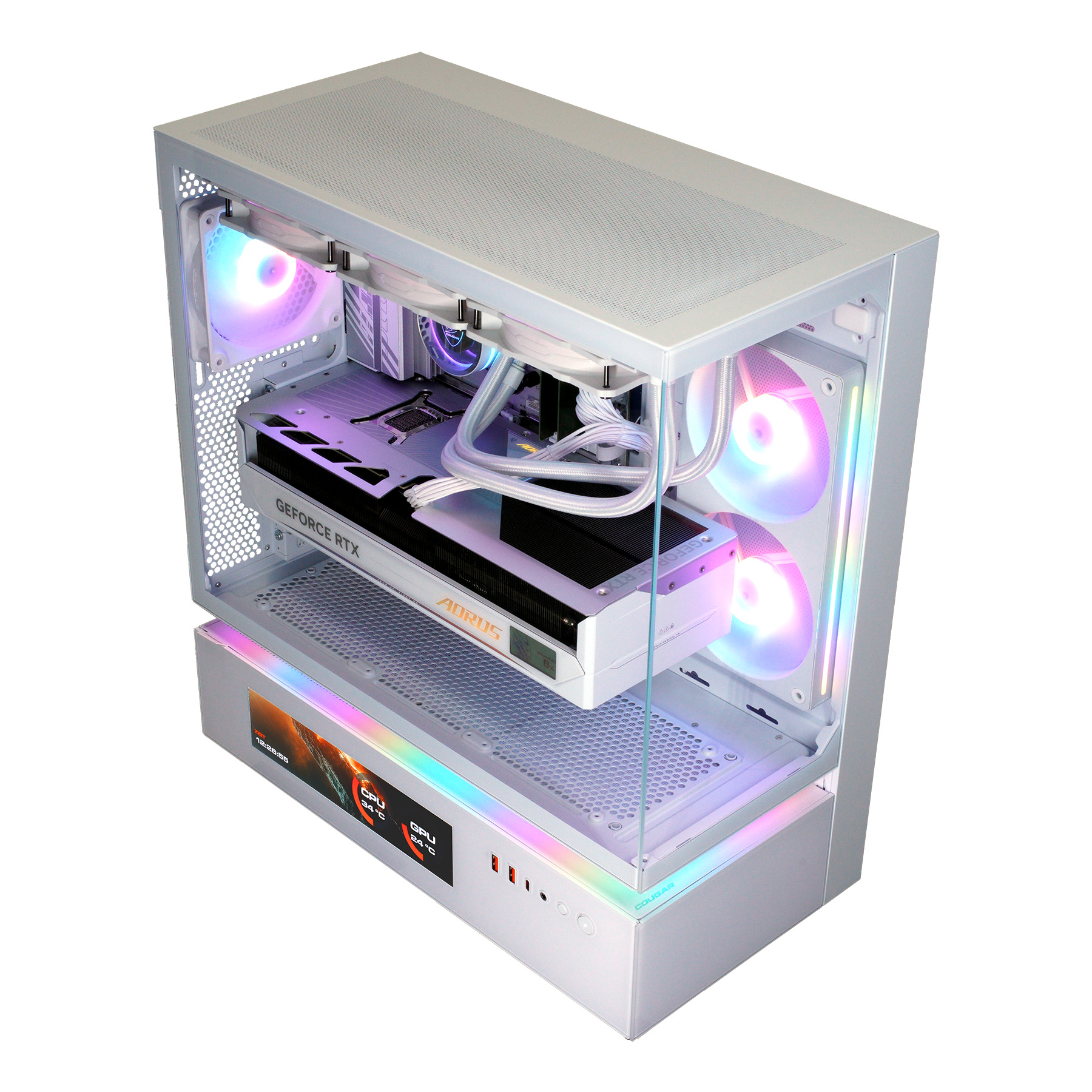 Ein weißes PC-Gehäuse mit RGB-Lüftern und einer GeForce RTX-Grafikkarte.