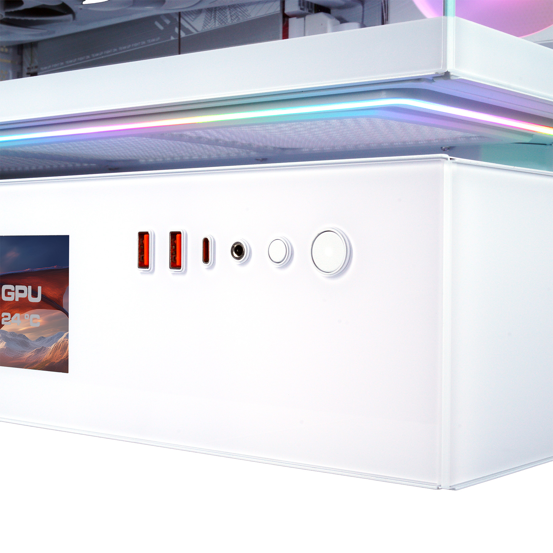 Weiße PC-Gehäusefront mit USB-Anschlüssen, Audiobuchse und Knopf.
