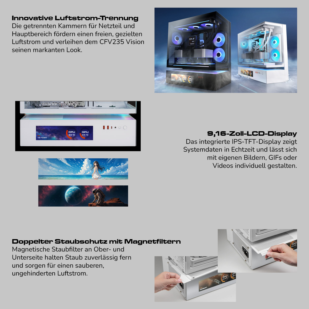 PC-Gehäuse mit RGB-Lüftern, LCD-Display und Staubfiltern.