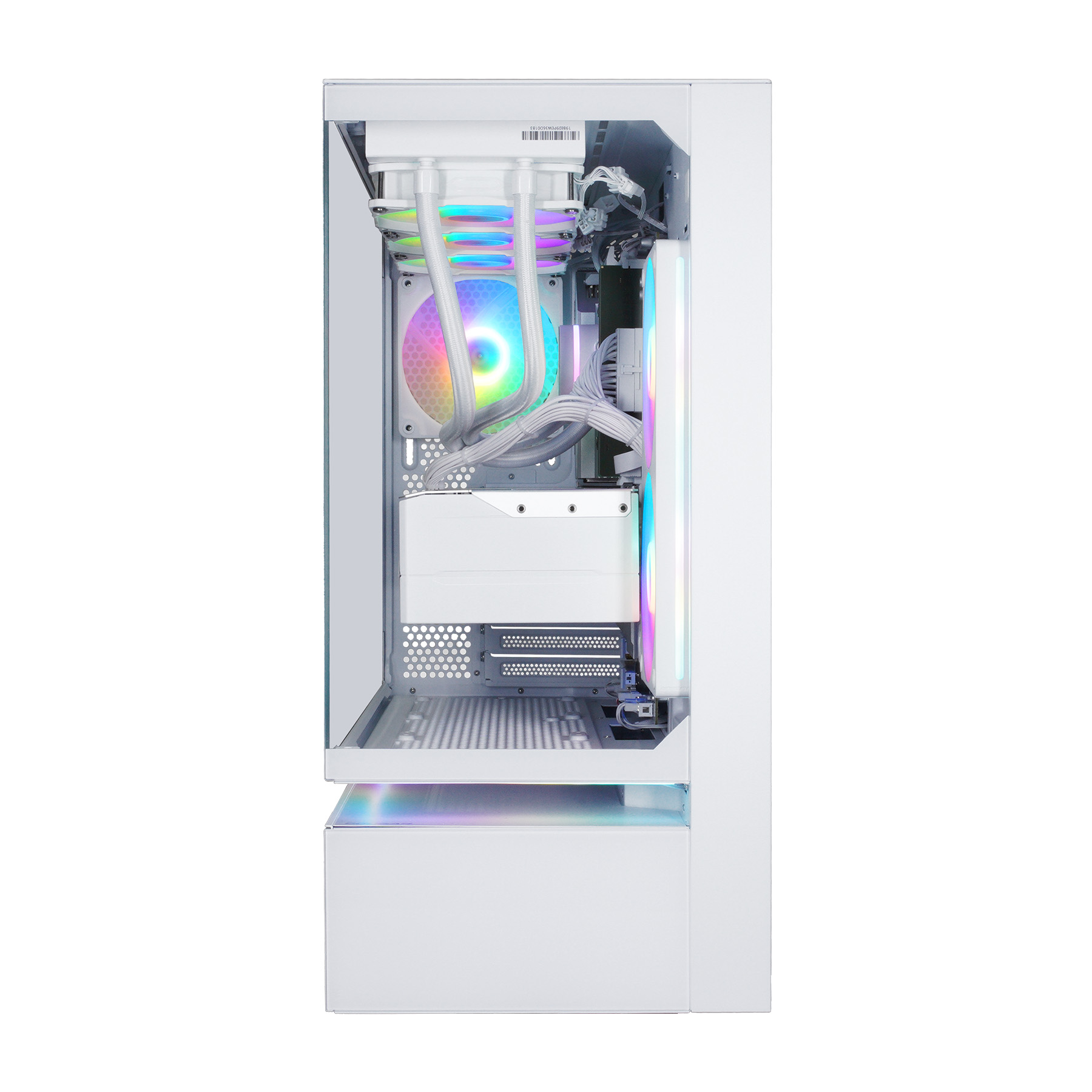 Weißes PC-Gehäuse mit RGB-Lüftern, Kühlleitungen und Kabeln.