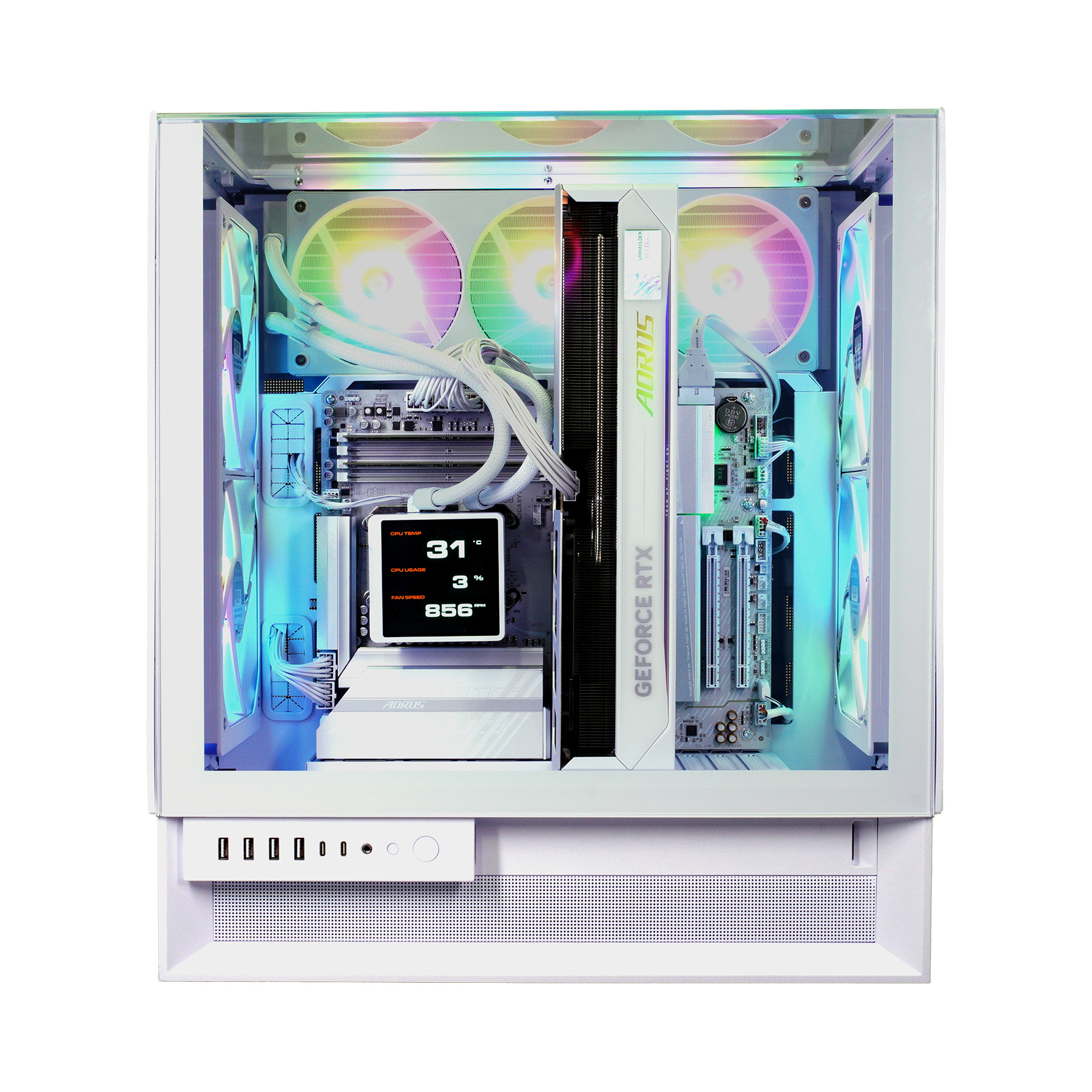 Ein weißer PC mit RGB-Lüftern, AORUS-Branding und einem digitalen Display.