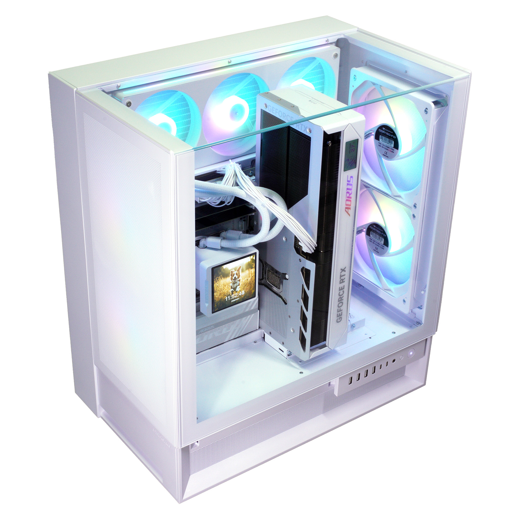 Ein weißes PC-Gehäuse mit RGB-Lüftern, einer Grafikkarte und einem kleinen Bildschirm.