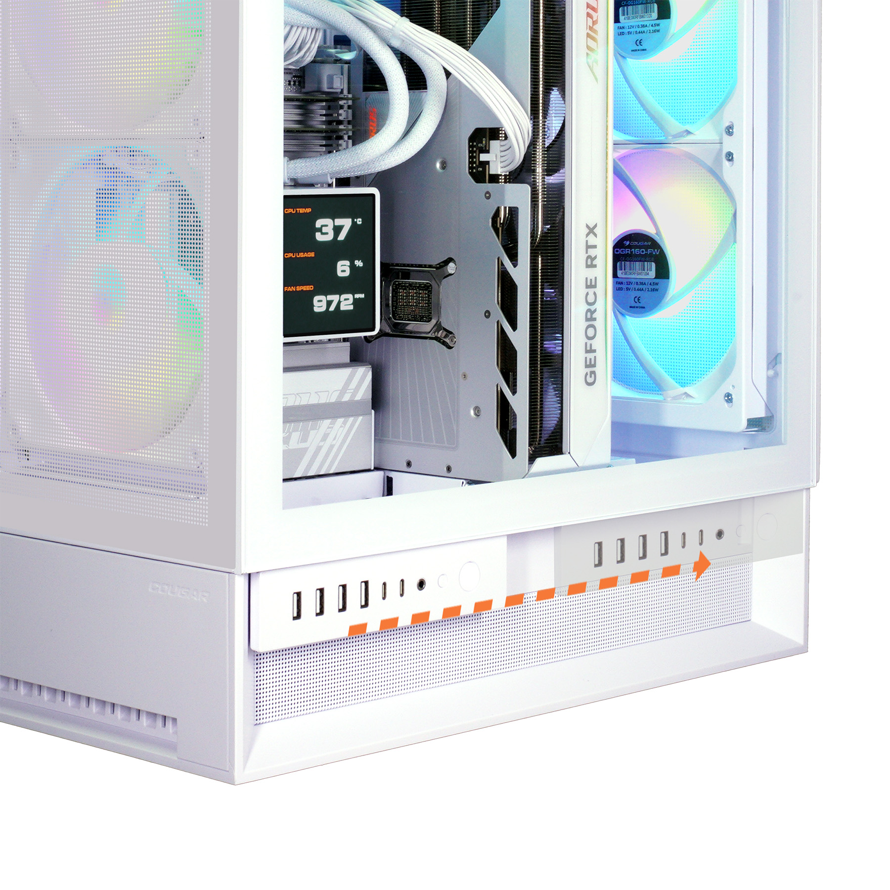 Ein weißes PC-Gehäuse mit RGB-Lüftern und einem Bildschirm mit CPU-Daten.