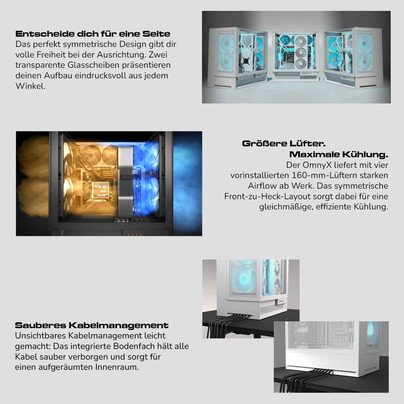 Weiße PC-Gehäuse mit durchsichtigen Seiten und RGB-Lüftern. Innenansicht mit orangem und blauem Rauch.