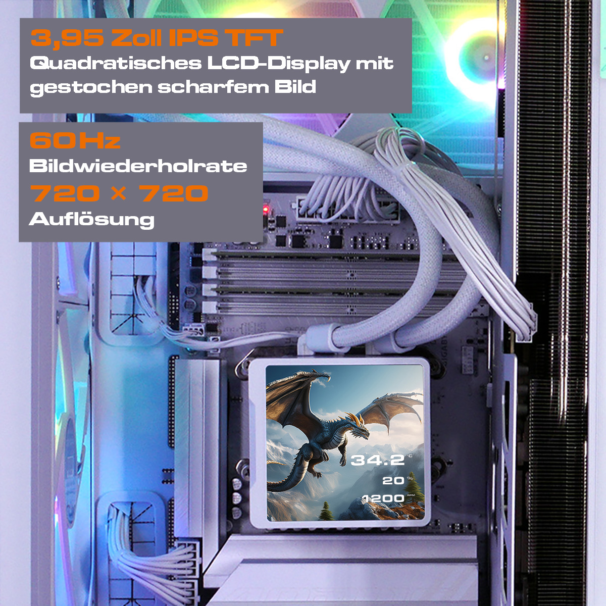 Ein PC-Gehäuse mit einem kleinen Bildschirm, der einen Drachen zeigt.