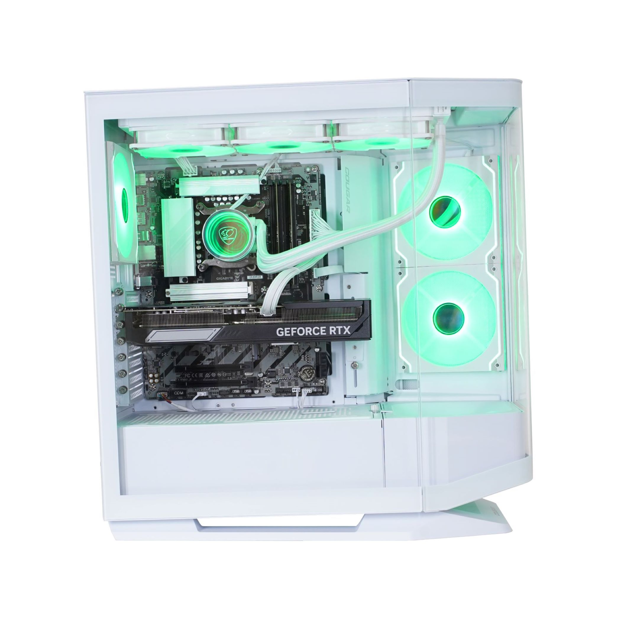 Ein weißer Gaming-PC mit grünen Lichtern, seitlicher Sicht auf Komponenten.