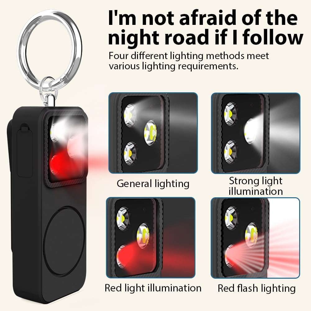 Schwarzer Schlüsselanhänger mit LED-Licht, vier Beleuchtungsmodi: Allgemein, stark, rot, rot blinkend.